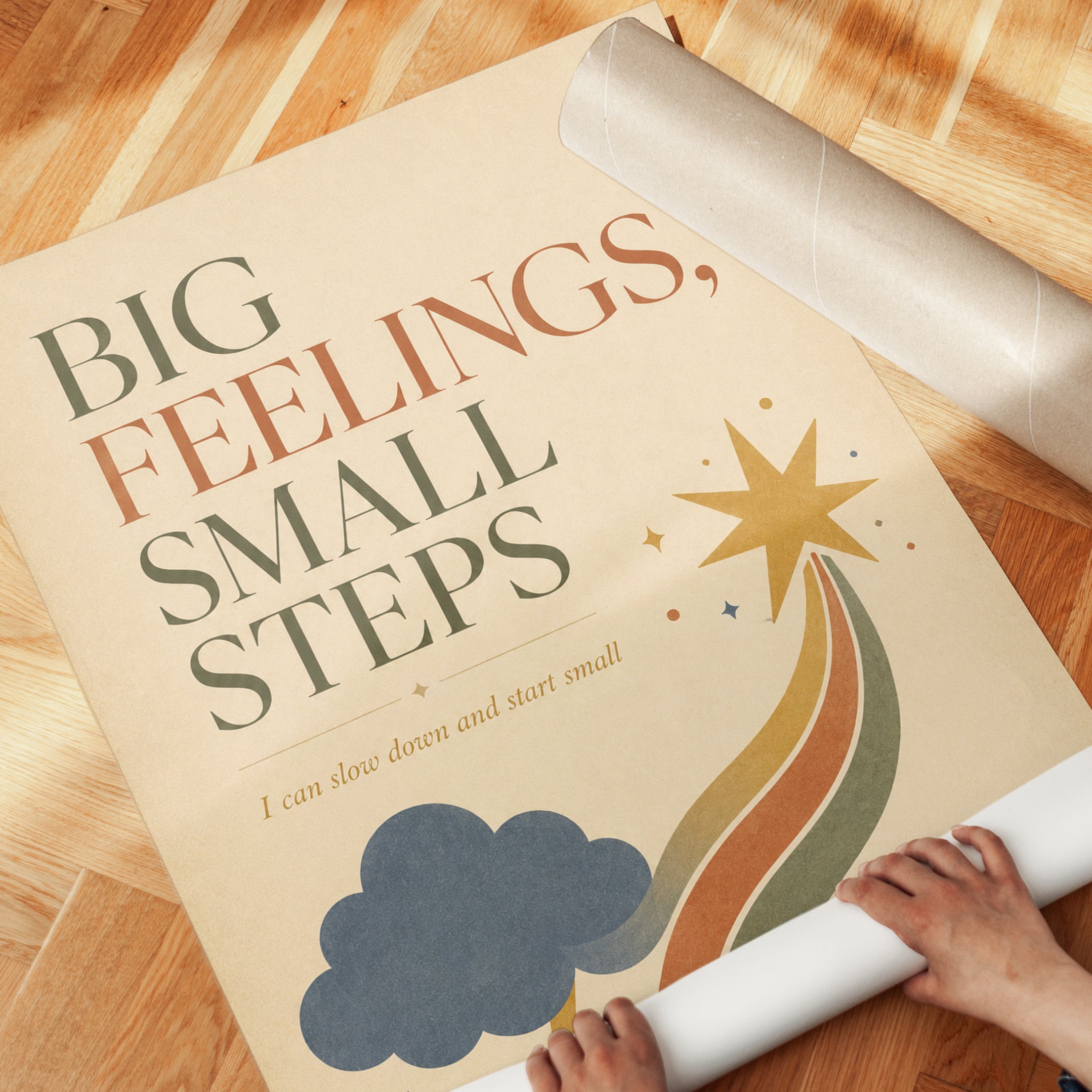 Big Feelings Small Steps Print: Retro Motivational Wall Art - detail