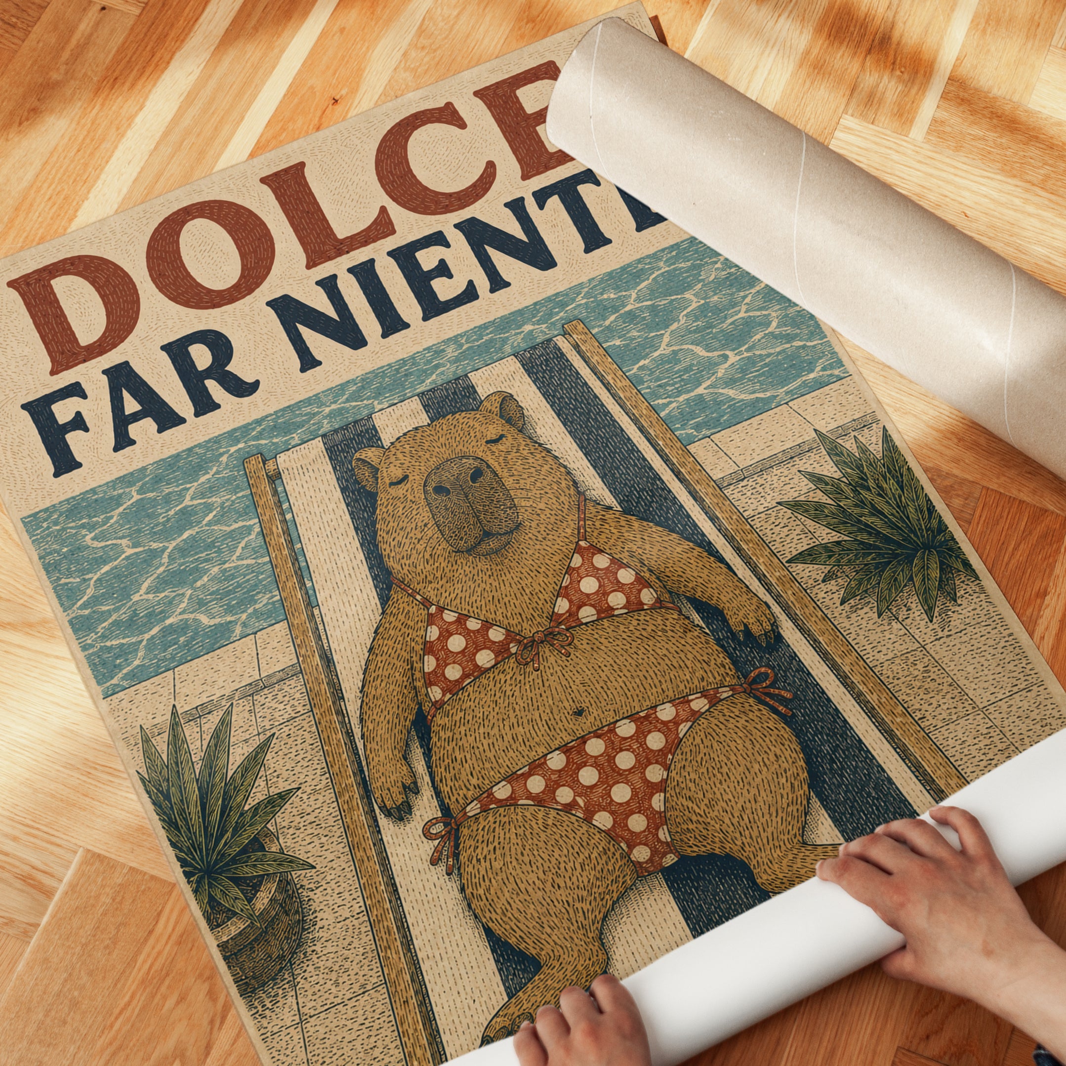 Dolce Far Niente Bear Poster: Vintage Italian Beach Art Print - detail