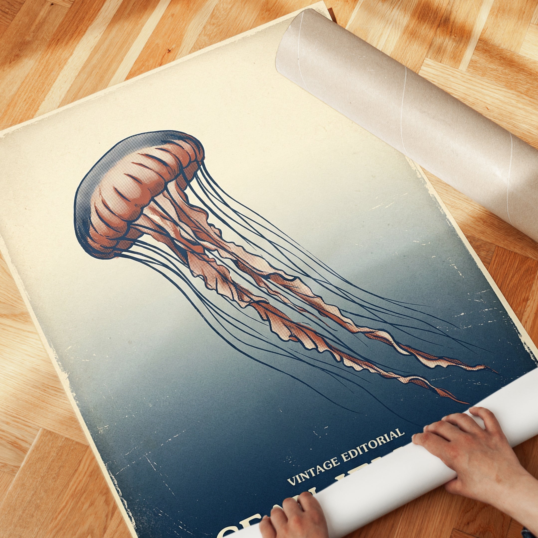 Vintage Jellyfish Art Print – Japanese Woodblock Style Ocean Wall - detail