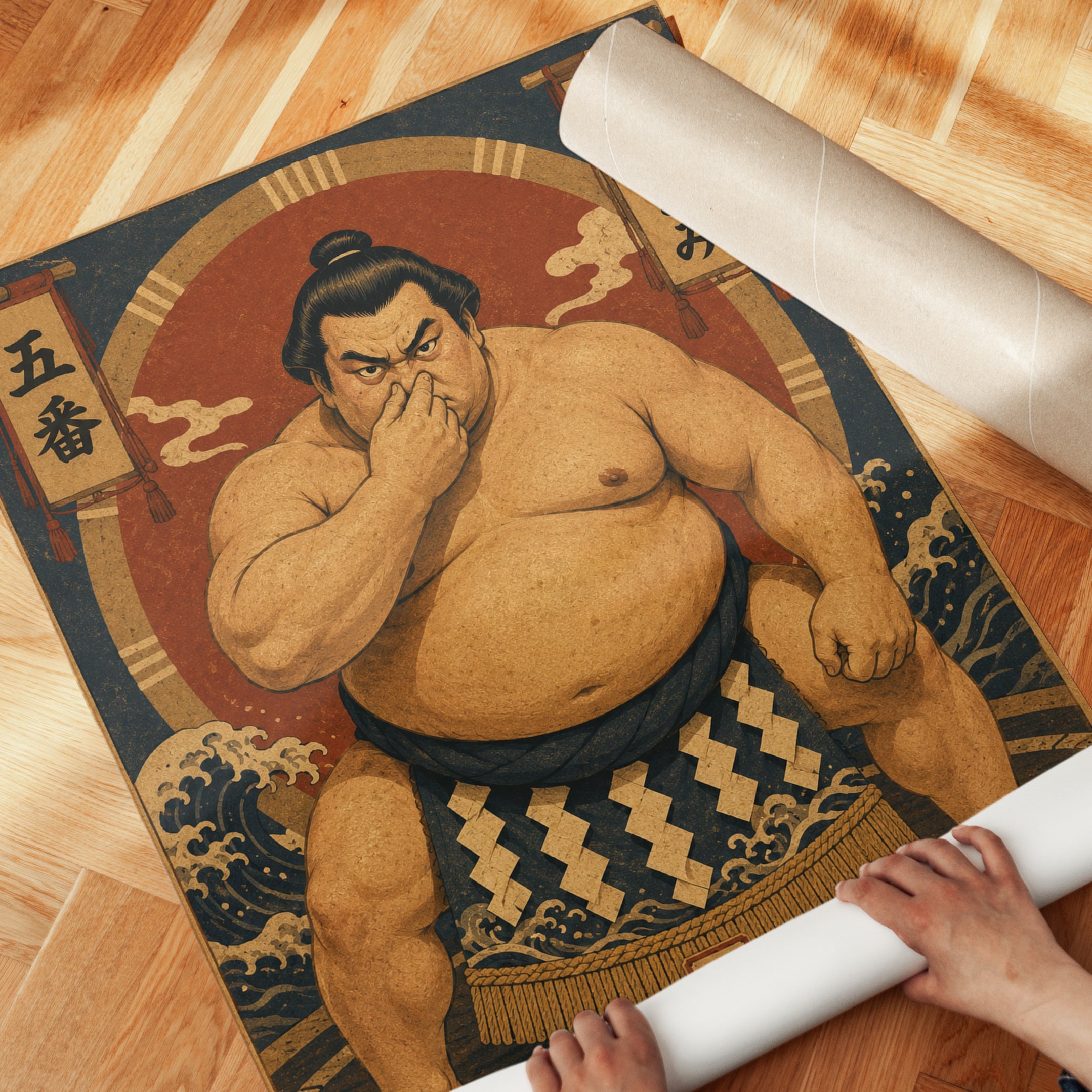 Funny Bathroom Poster Sumo Wrestler Wall Art: Traditional Edo-Style - detail
