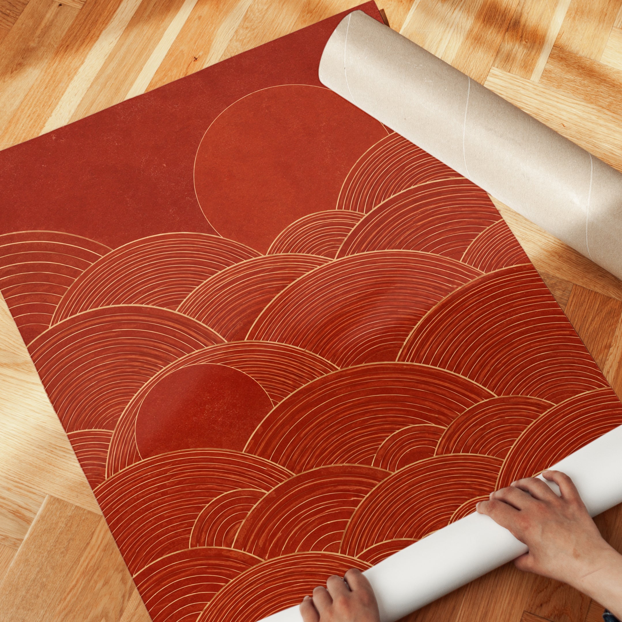 Japanese Wave Art Print: Red Seigaiha Pattern with Sun - detail