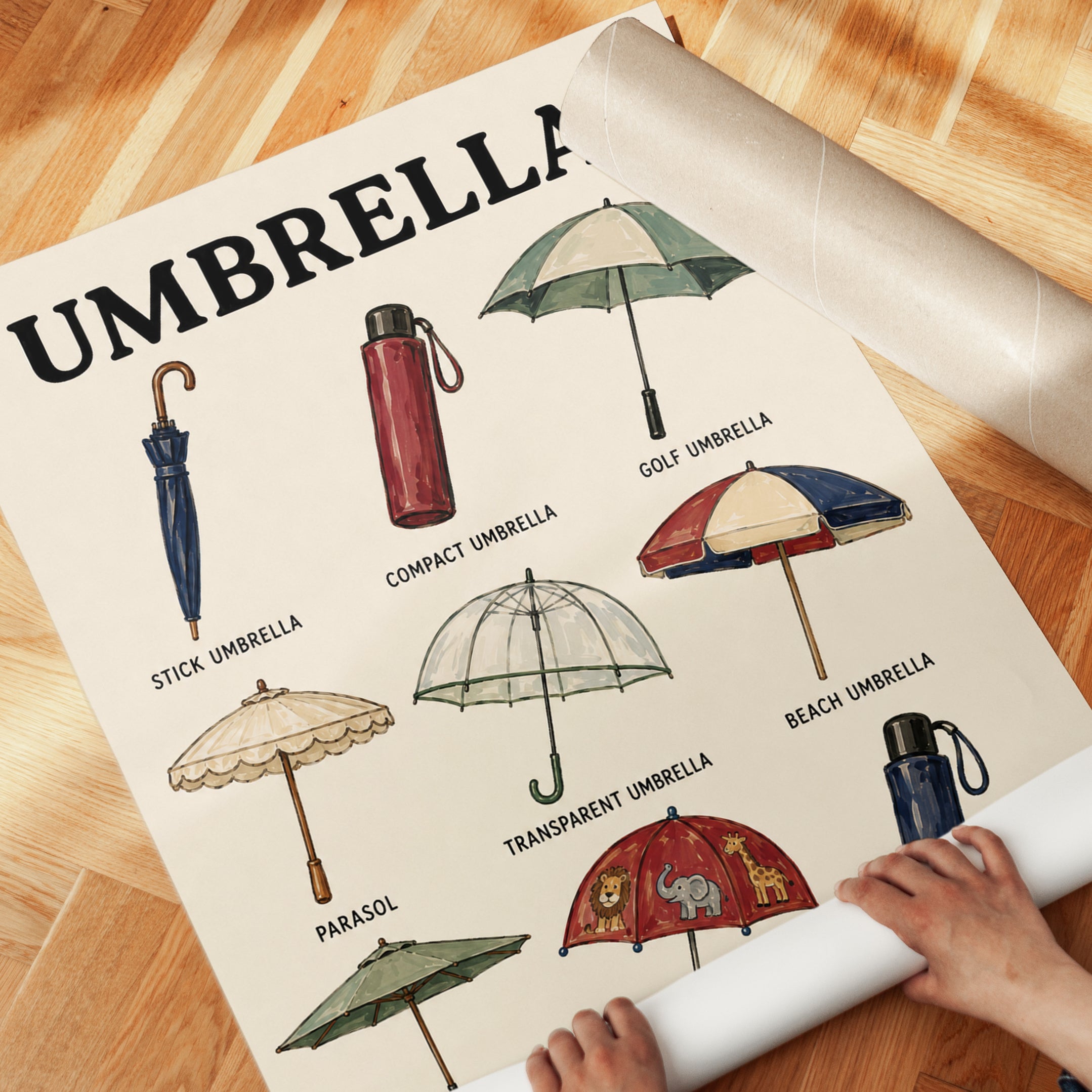 Umbrella Types Vintage Poster: Retro Educational Illustration - detail