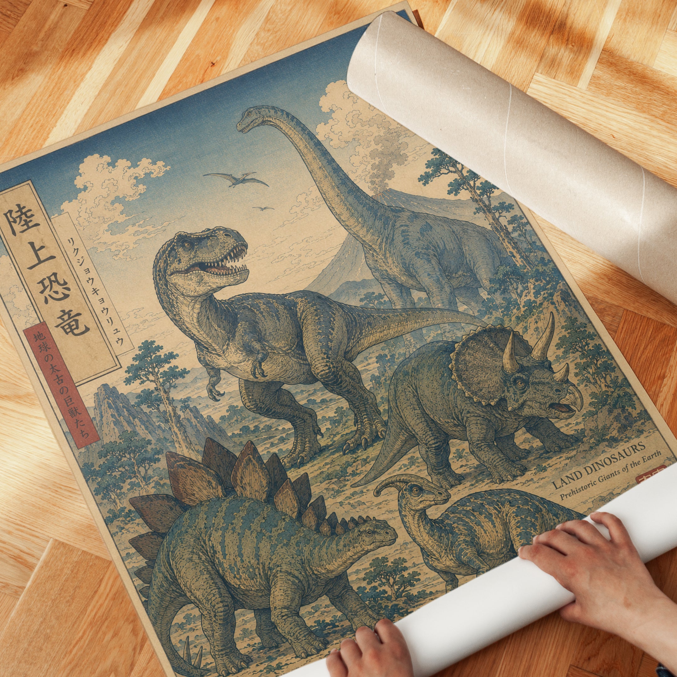 Dinosaur Art Print: Japanese Woodblock Style (Living or Kids Room) - detail