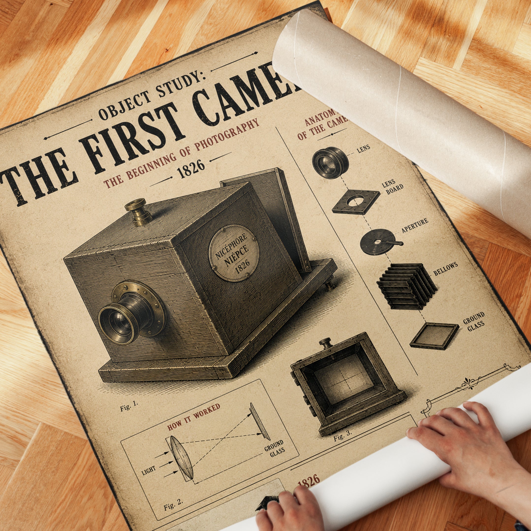 Vintage Camera Diagram Art Print: 1826 Photography History Poster - detail