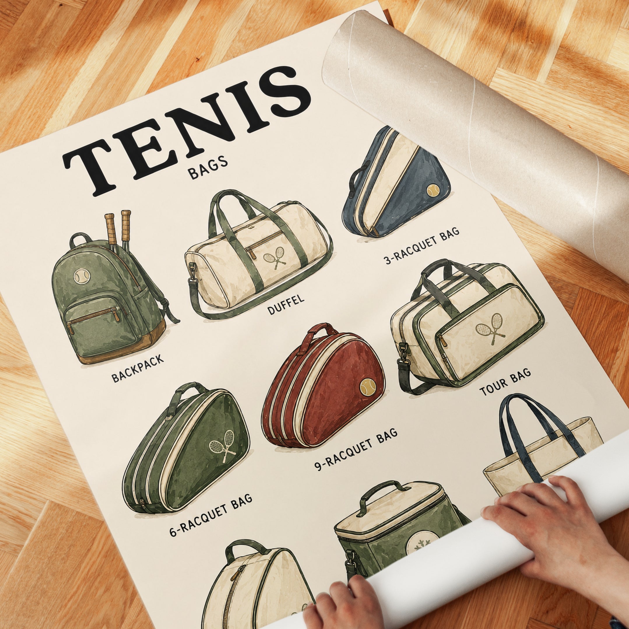Tennis Bags Art Print — Vintage Sports Illustration - detail
