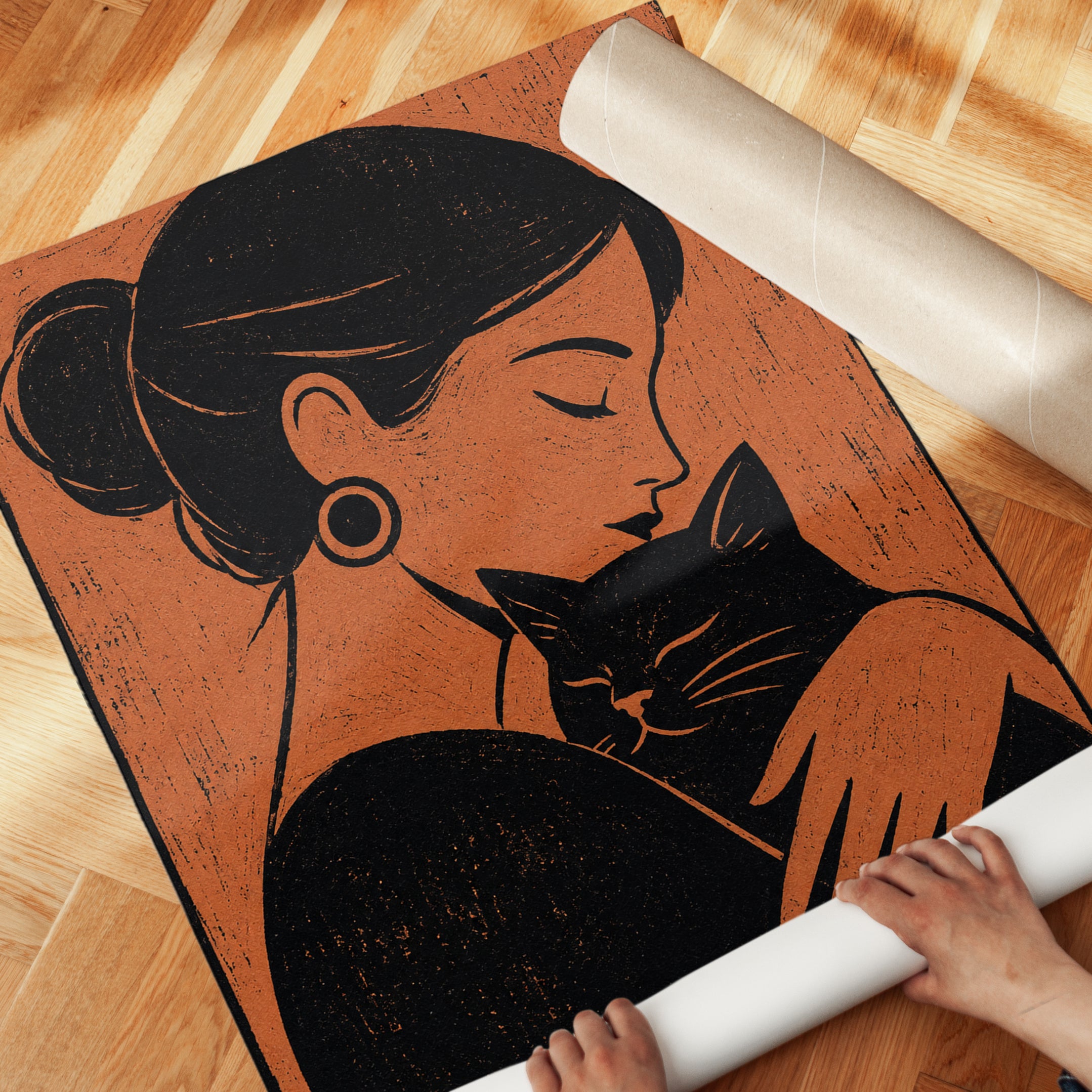 Woman with Cat Print – Retro Block Print - detail