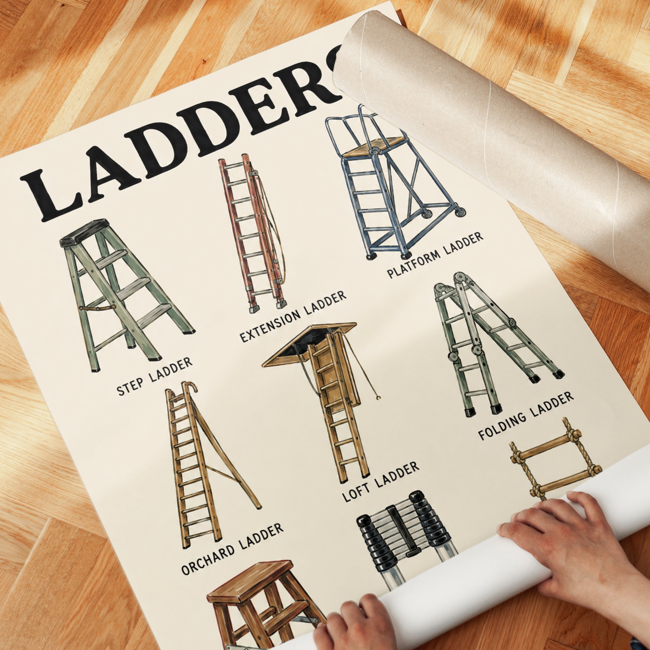 Ladder Types Educational Chart: Vintage Illustration Art Print - detail