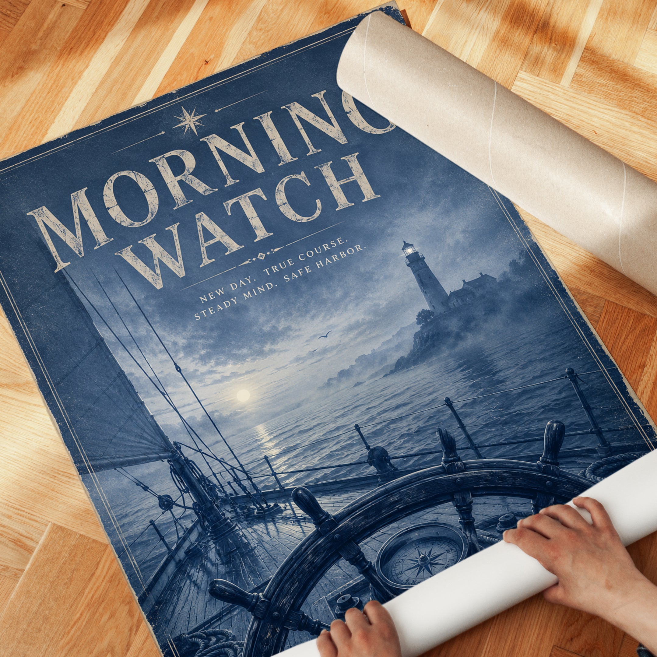 Morning Watch Nautical Poster: Vintage Blue Ship Lighthouse Art - detail