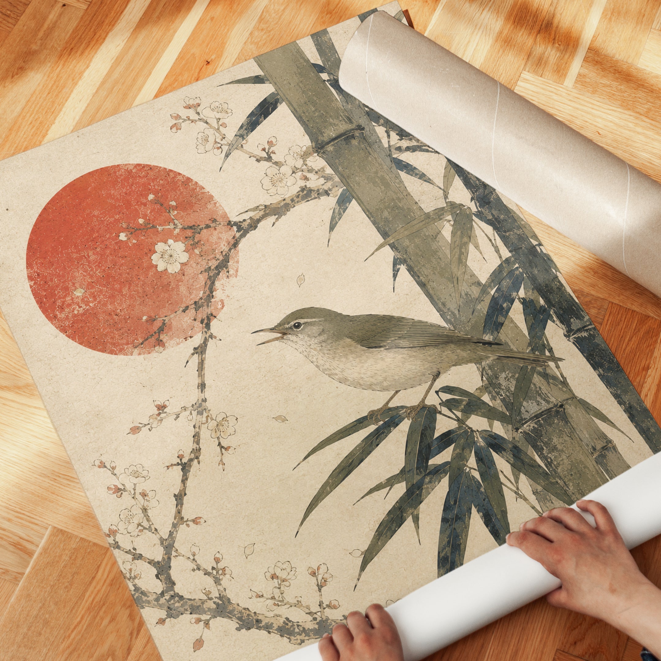 Japanese Bird and Bamboo Print: Vintage Oriental Art with Red Sun - detail
