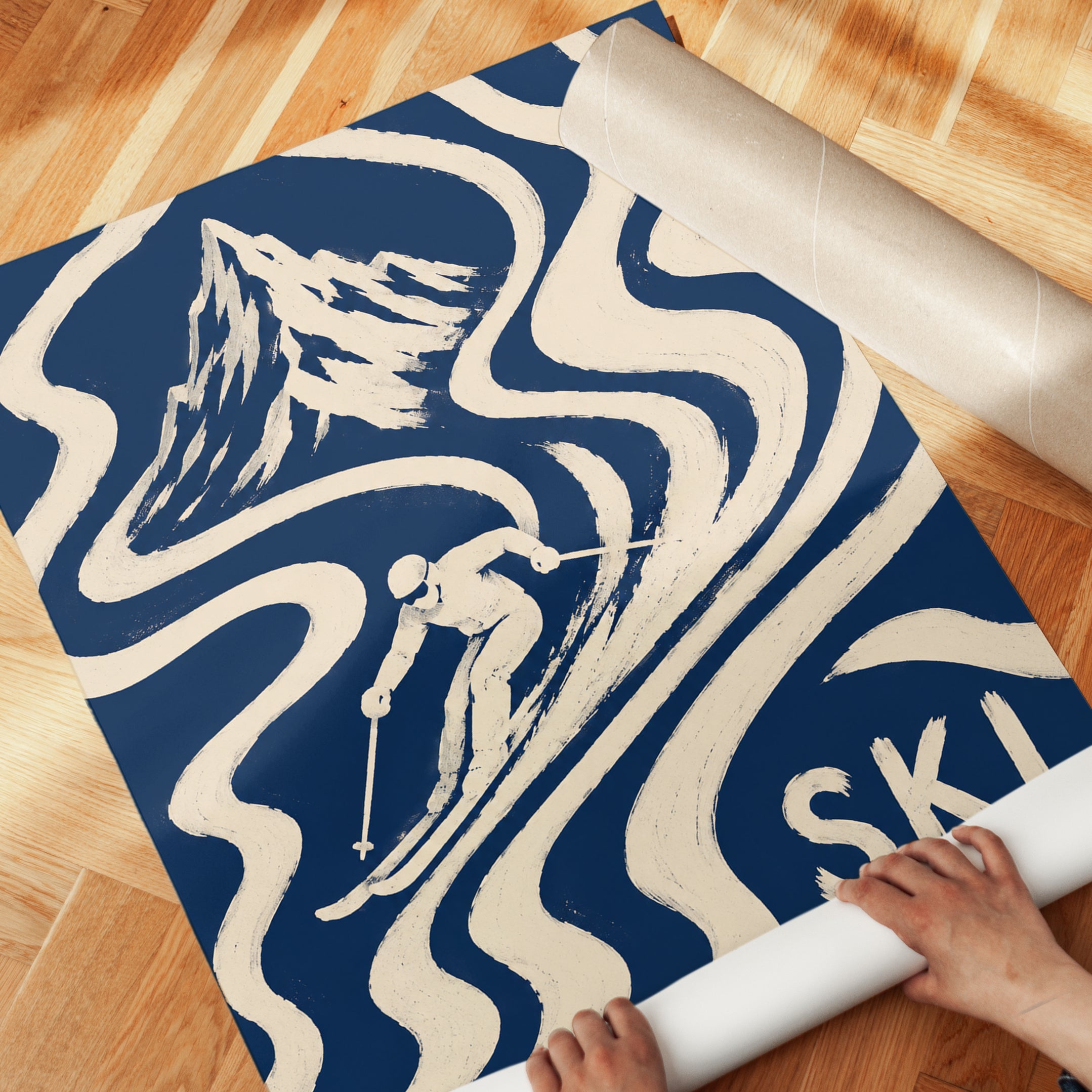 Vintage Ski Poster: Art Deco Mountain Design in Navy Blue - detail