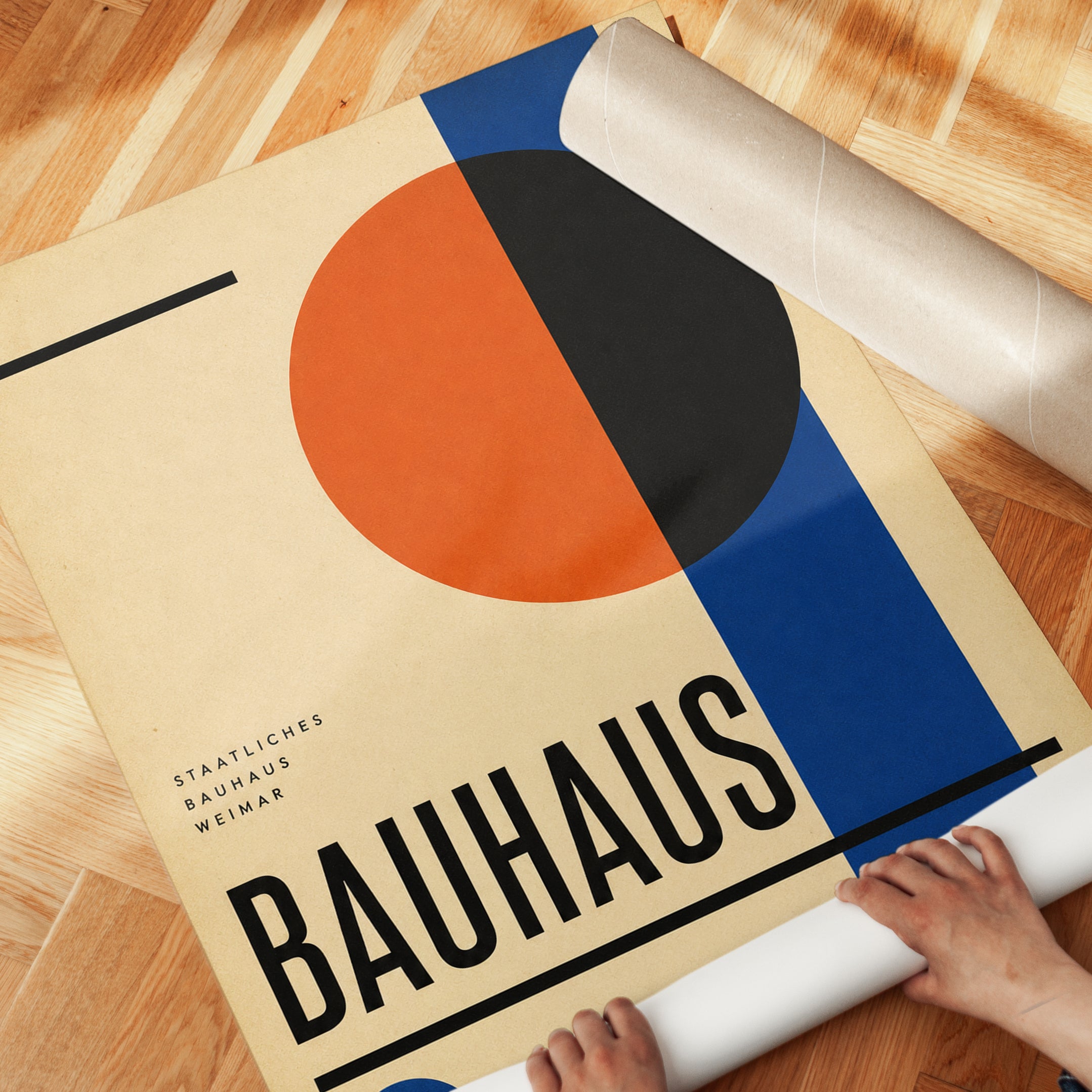 Bauhaus Geometric Poster: Orange Black and Blue Modernist Print - detail