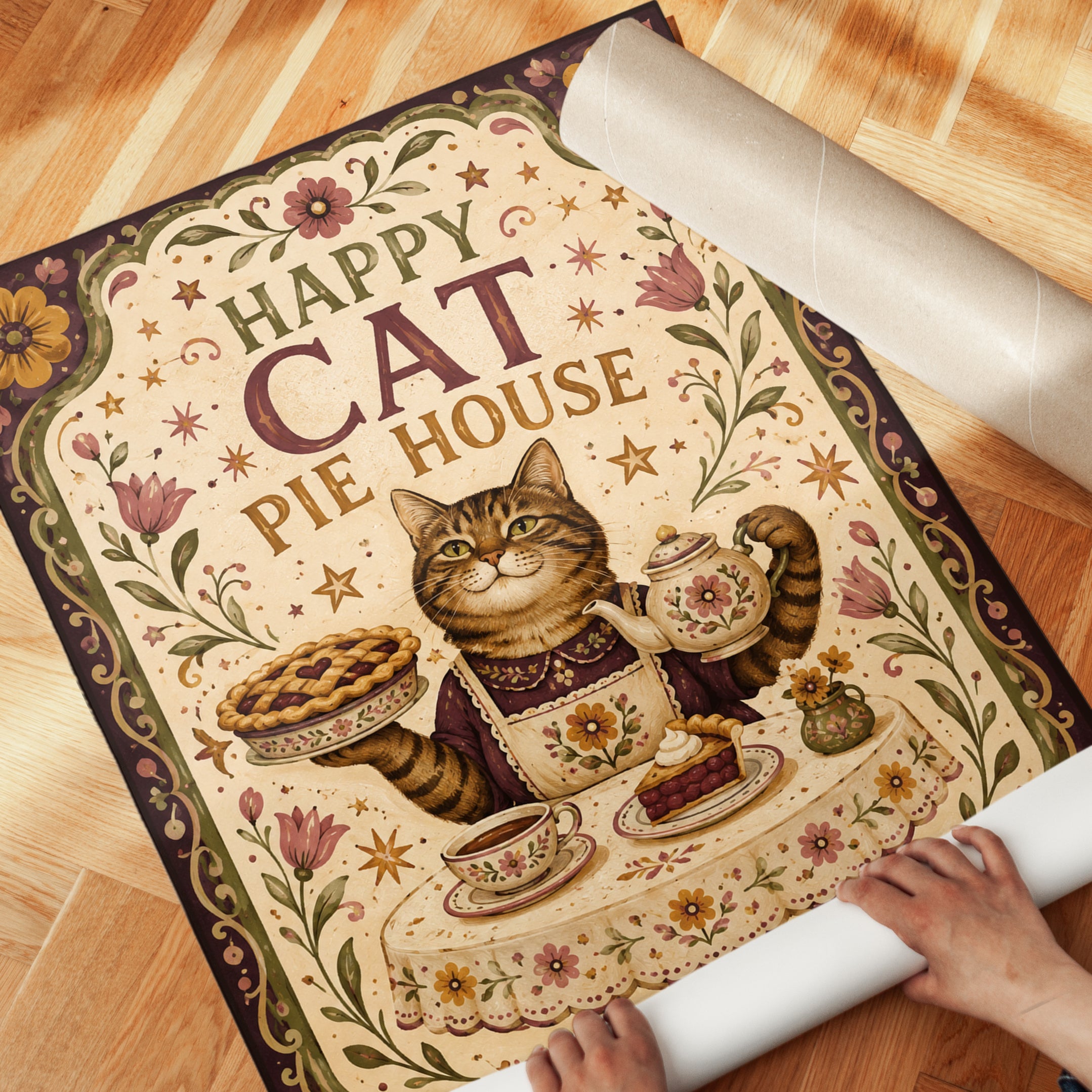 Folk Art Cat Print – Whimsical Tabby Pie House - detail