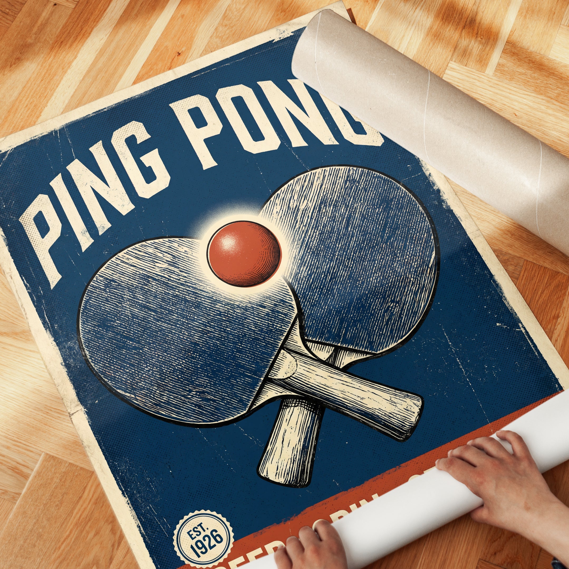 Navy Blue Wall Art Print — Vintage Table Tennis Poster - detail