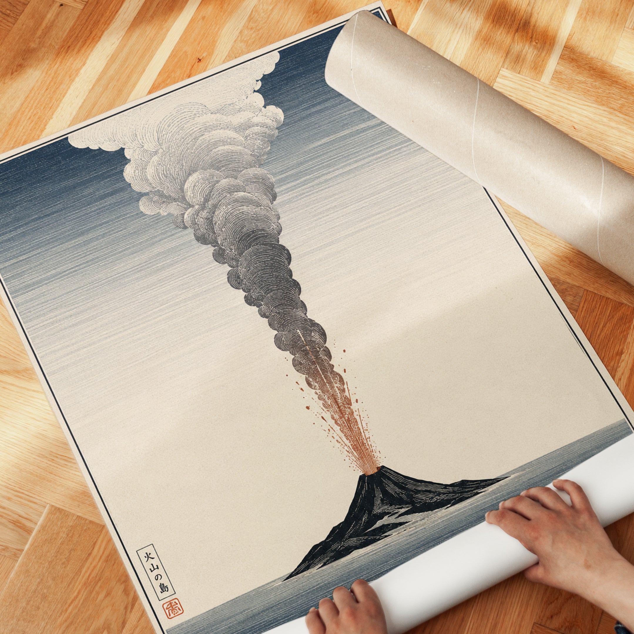 Japanese Volcano Print — Ukiyo-e Inspired Eruption - detail