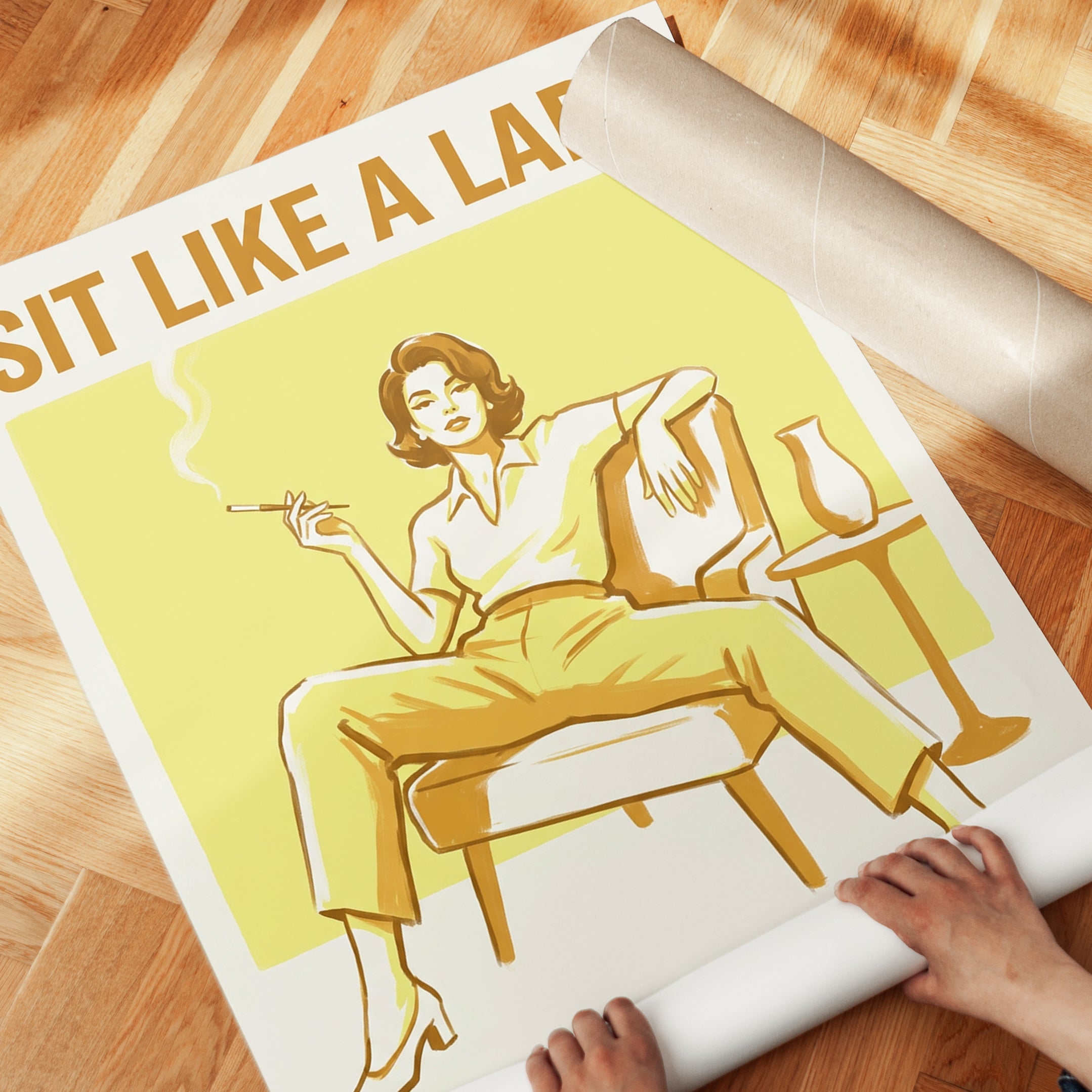 Sit Like a Lady Retro Poster: Mid-Century Yellow Lounge Art - detail
