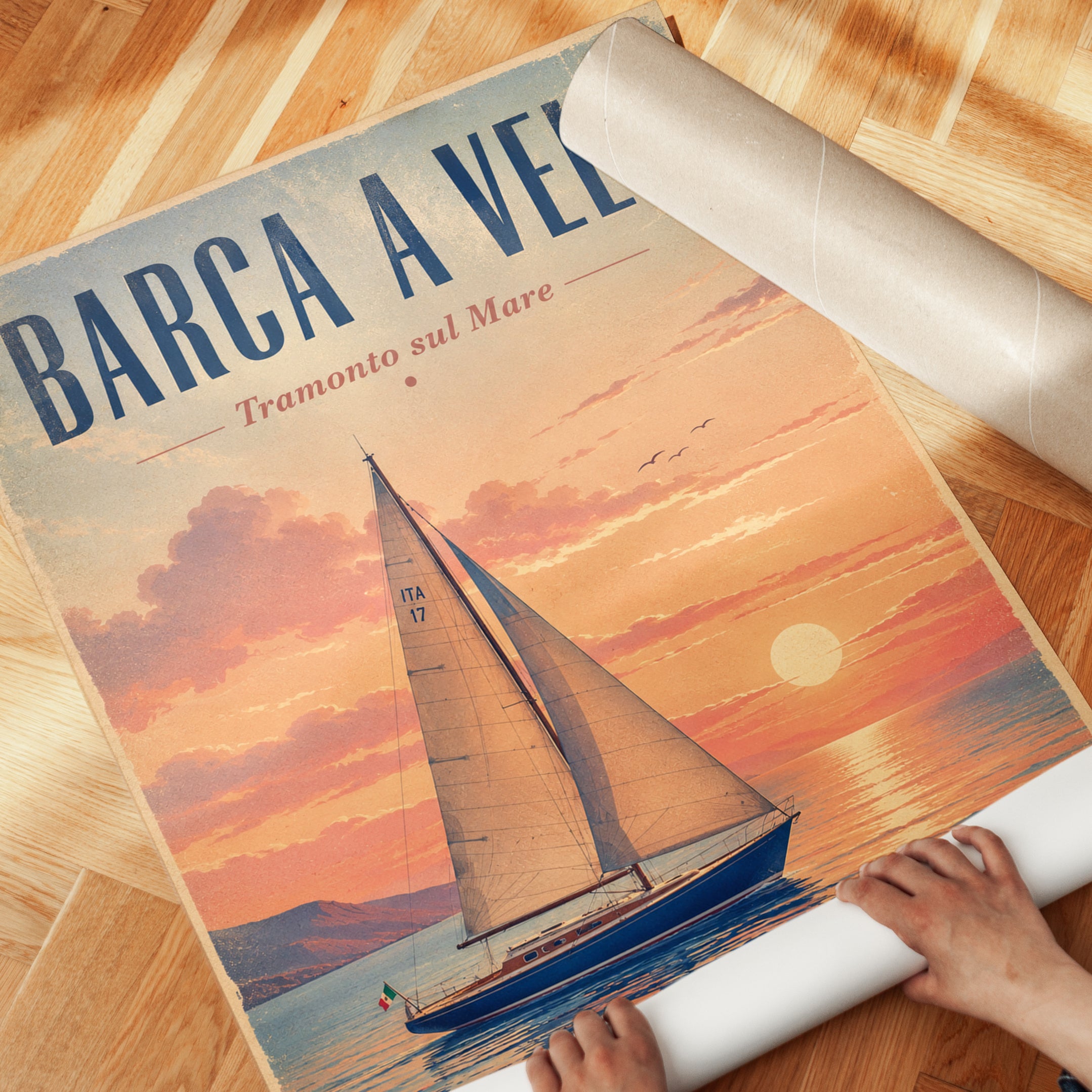 Italian Sailing Poster: Vintage Sunset Coastal Art Print - detail