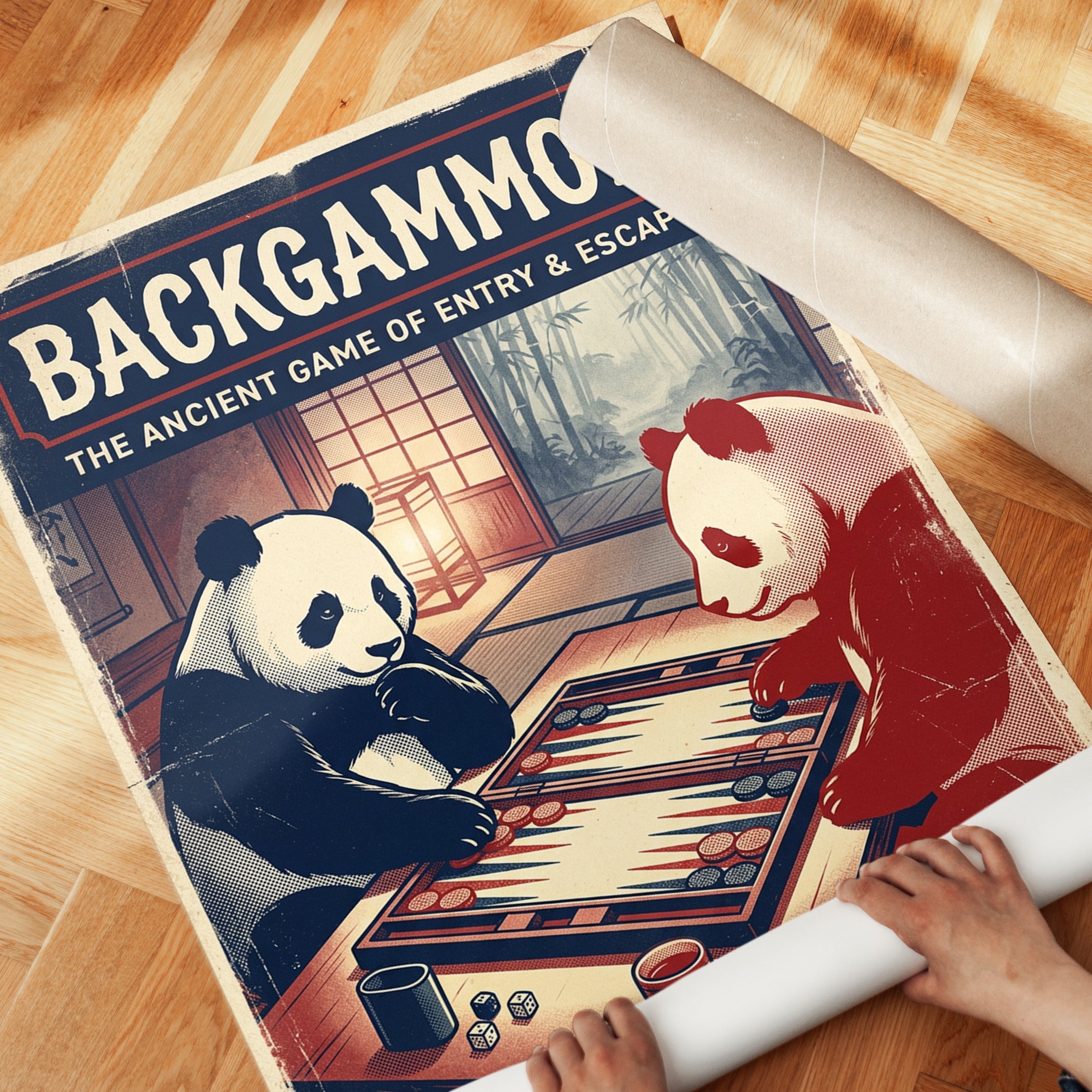 Backgammon Pandas Poster: Vintage Japanese Game Room Art Print - detail