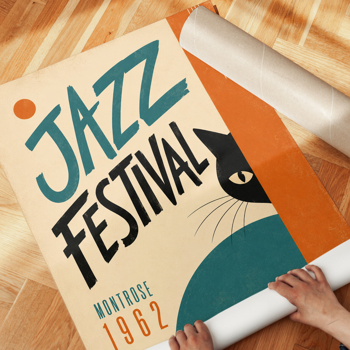 Jazz Festival Poster: Retro 1962 Music Art with Black Cat - detail