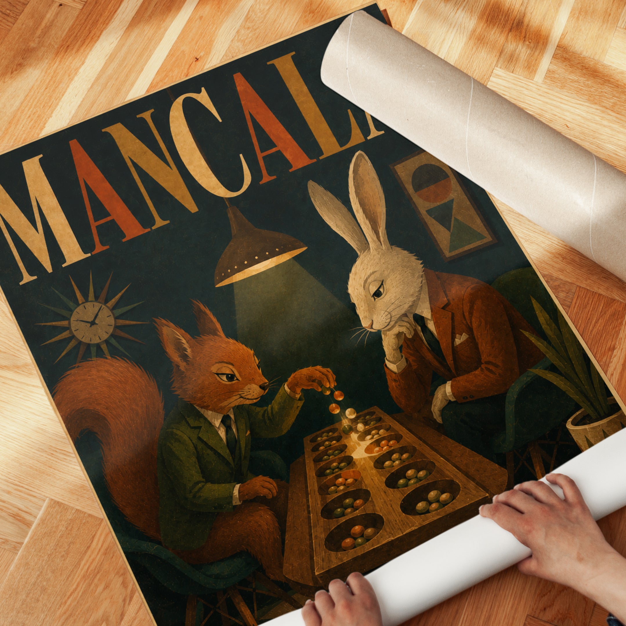 Mancala Game Print: Vintage Anthropomorphic Animals Wall Art - detail