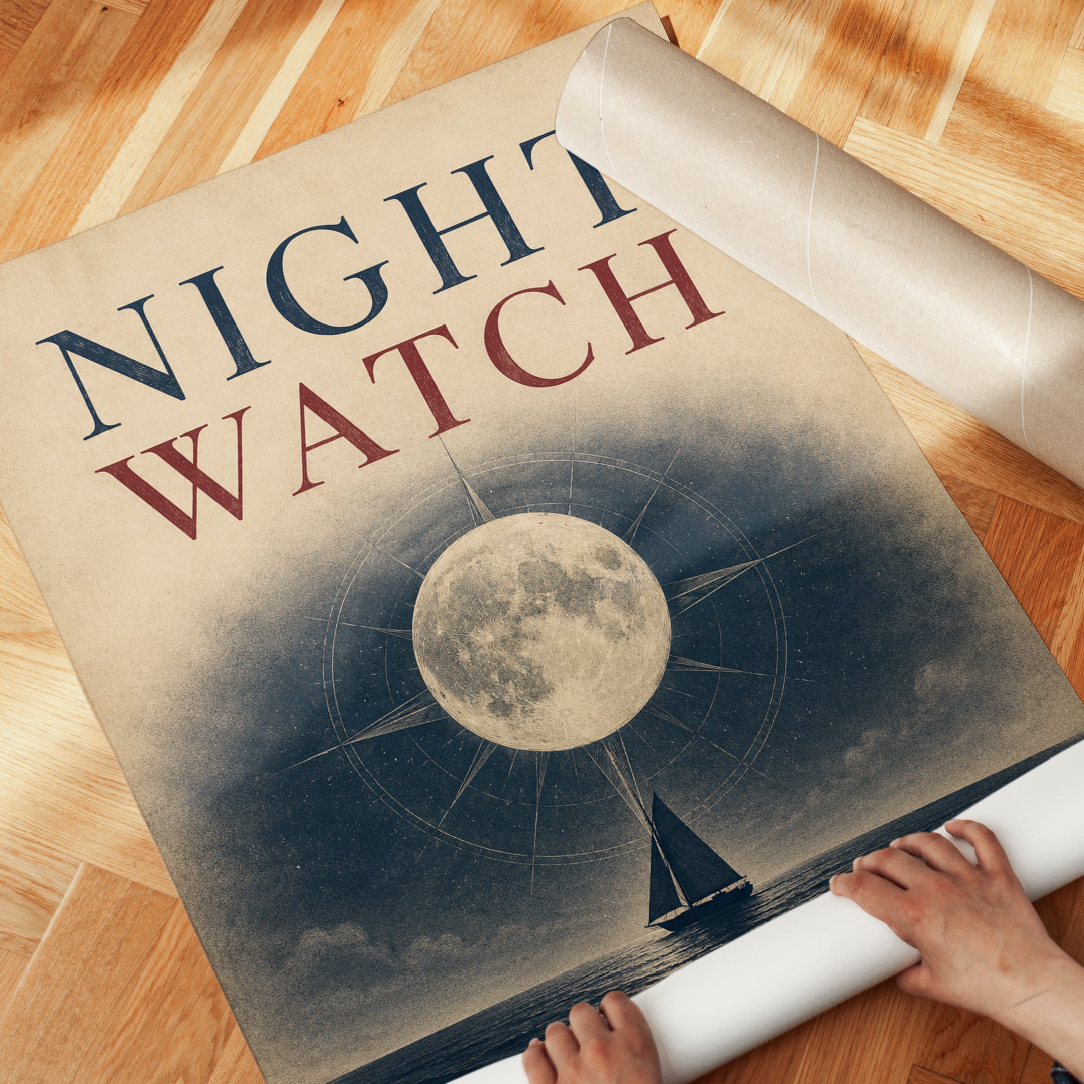 Nautical Moon Wall Art – Sailboat Print - detail