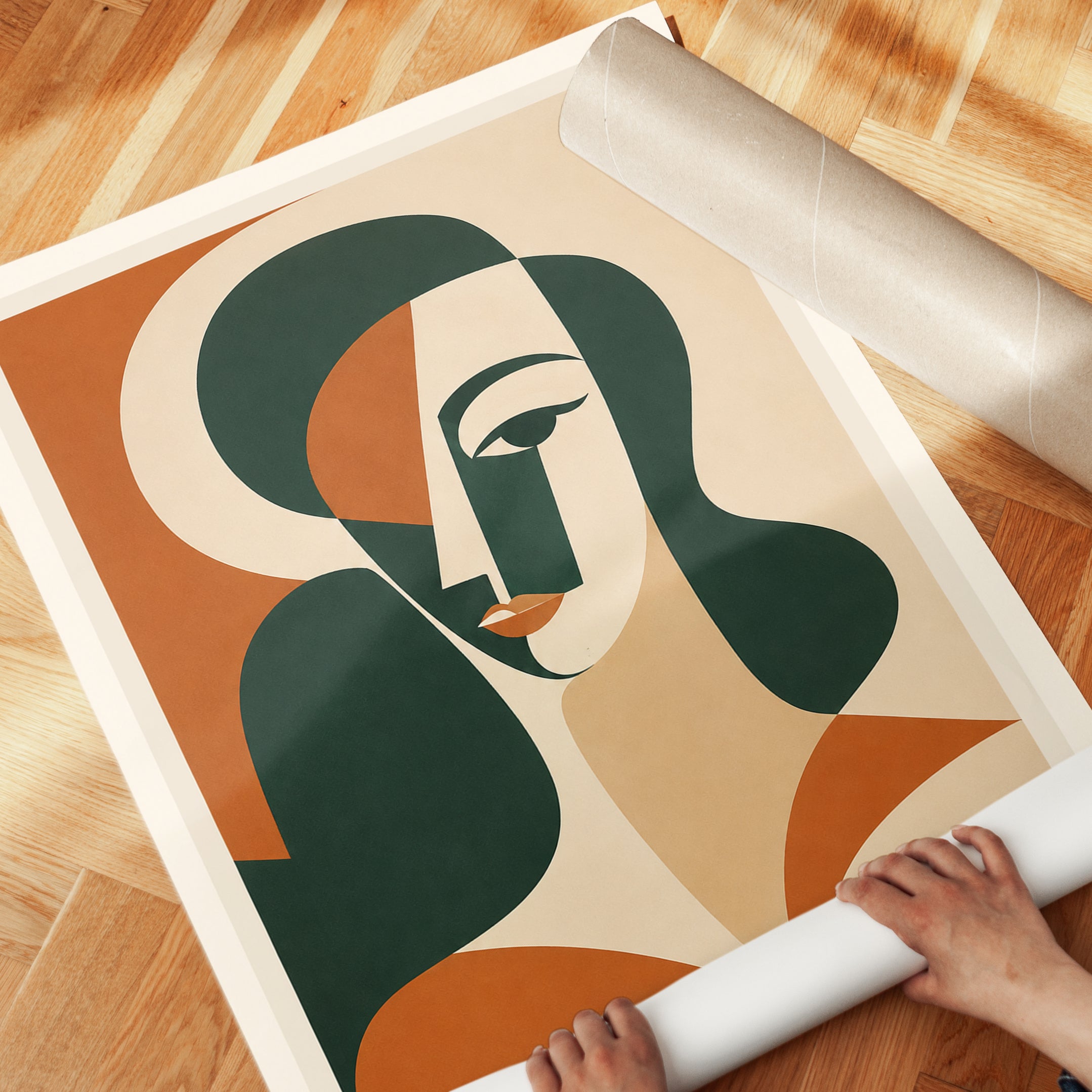 Cubist Woman Portrait: Abstract Art Print in Green and Terracotta - detail