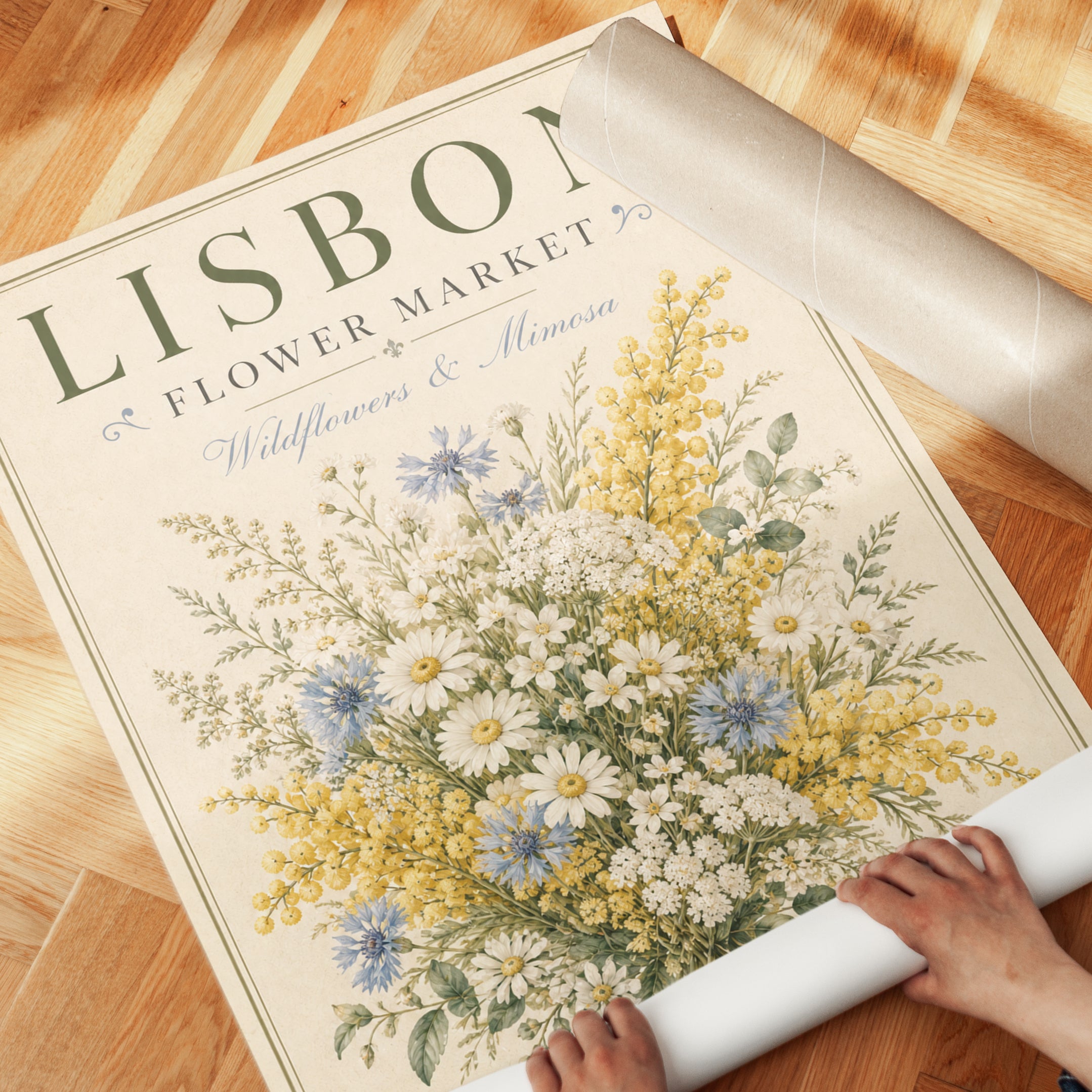 Vintage Botanical Print — Lisbon Flower Market Wildflowers & Mimosa - detail