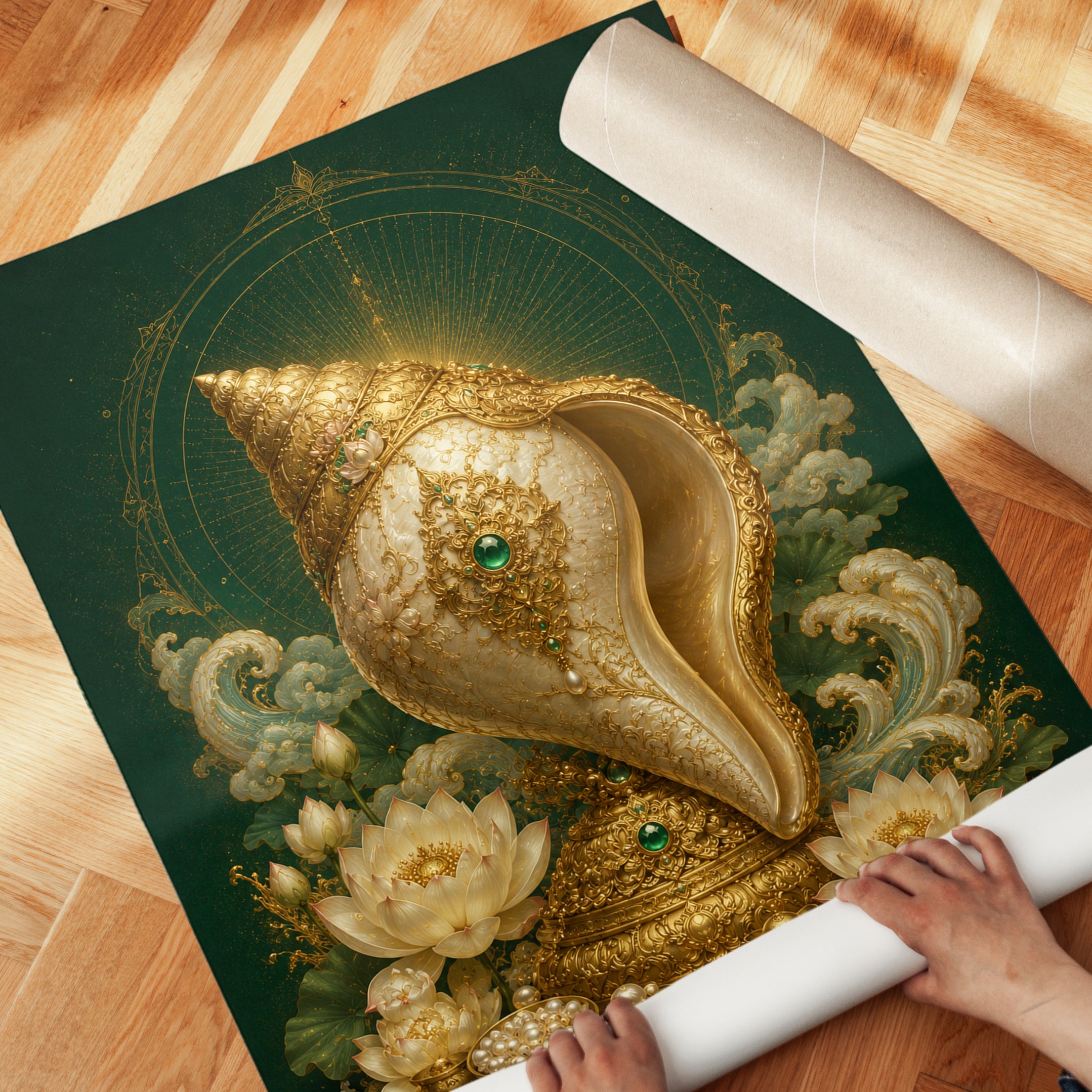 Lotus Flower Wall Art – Gold Conch Shell Print - detail