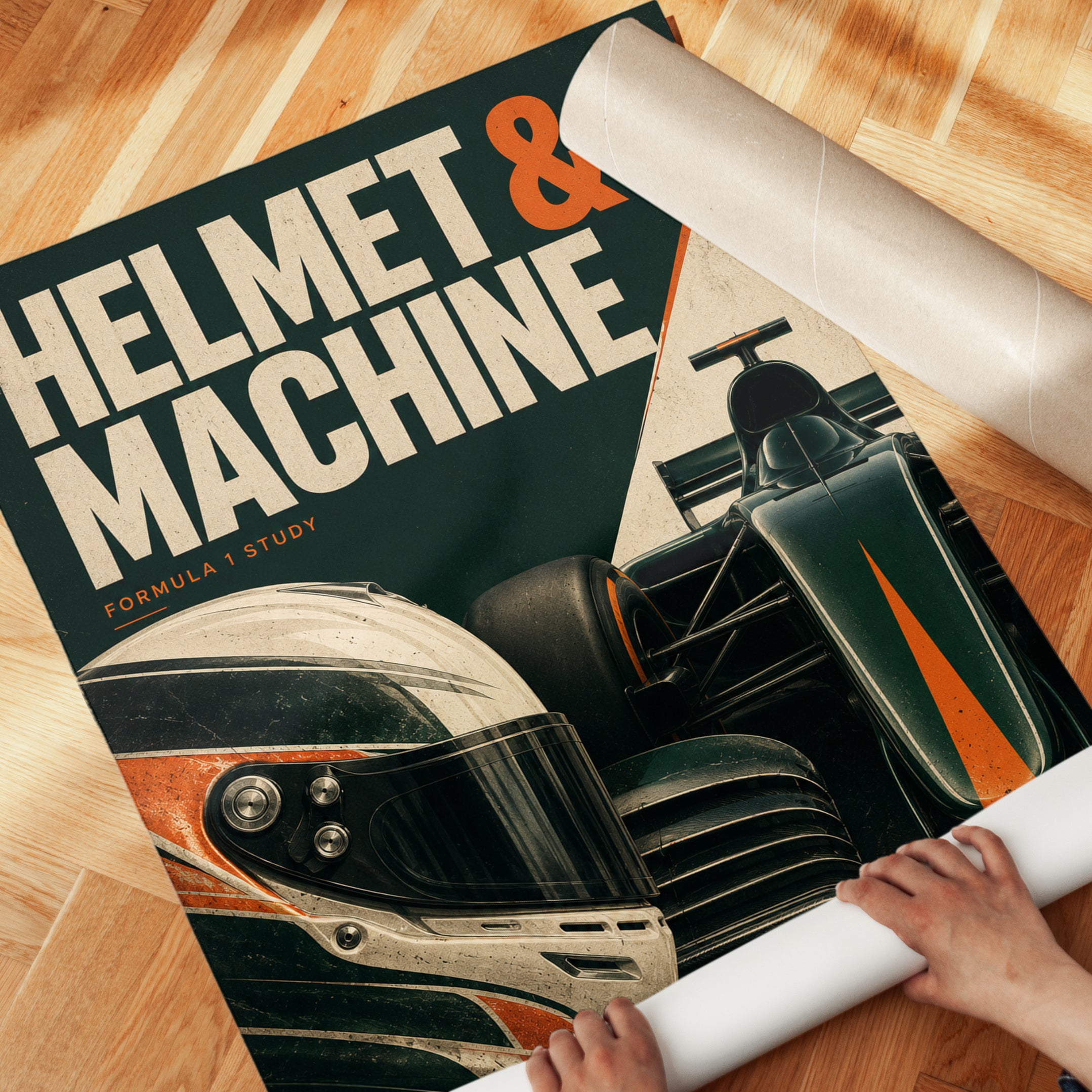 Vintage Formula 1 Racing Poster: Retro Helmet and Car Art - detail