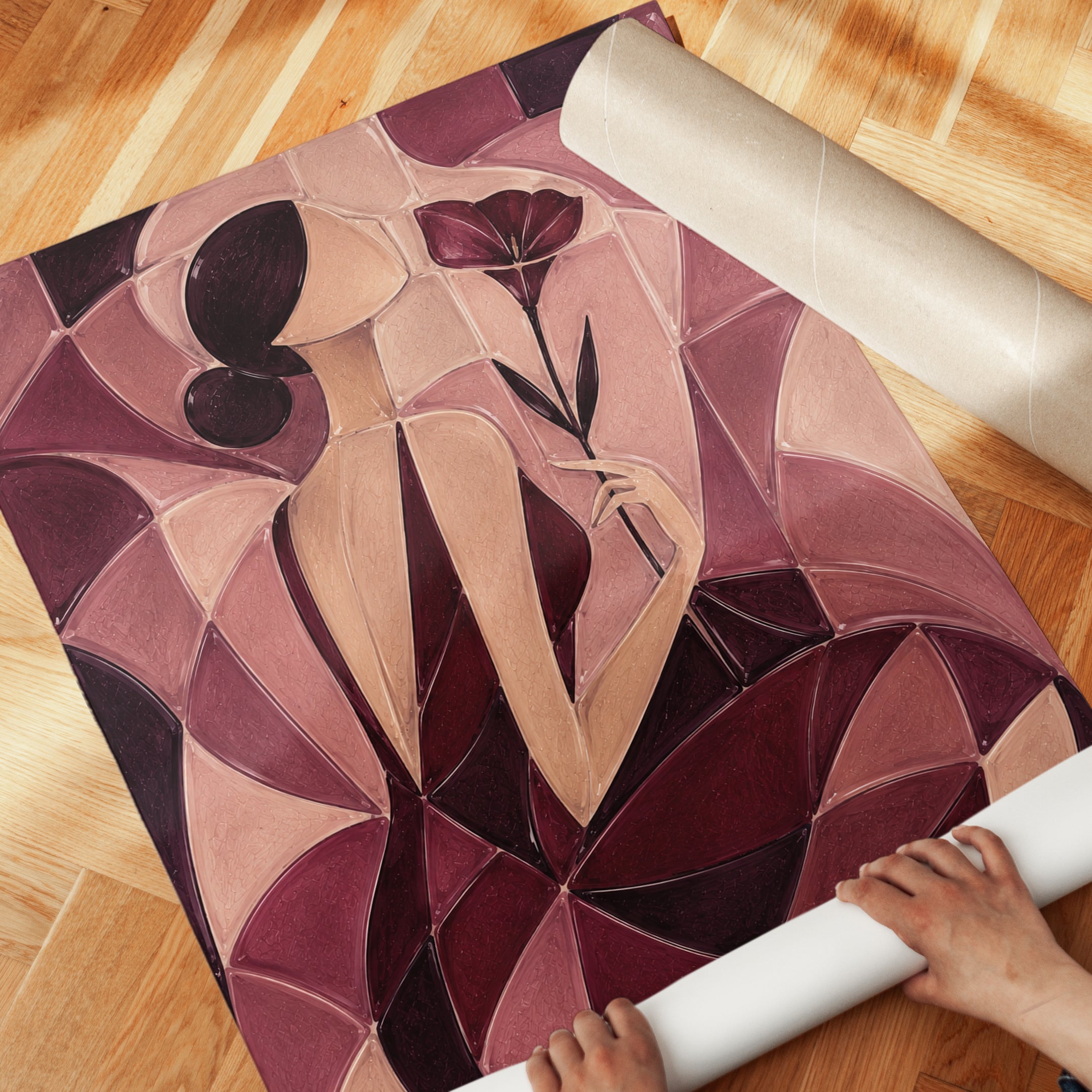 Cubist Woman with Flower Art Print: Burgundy and Beige Geometric - detail