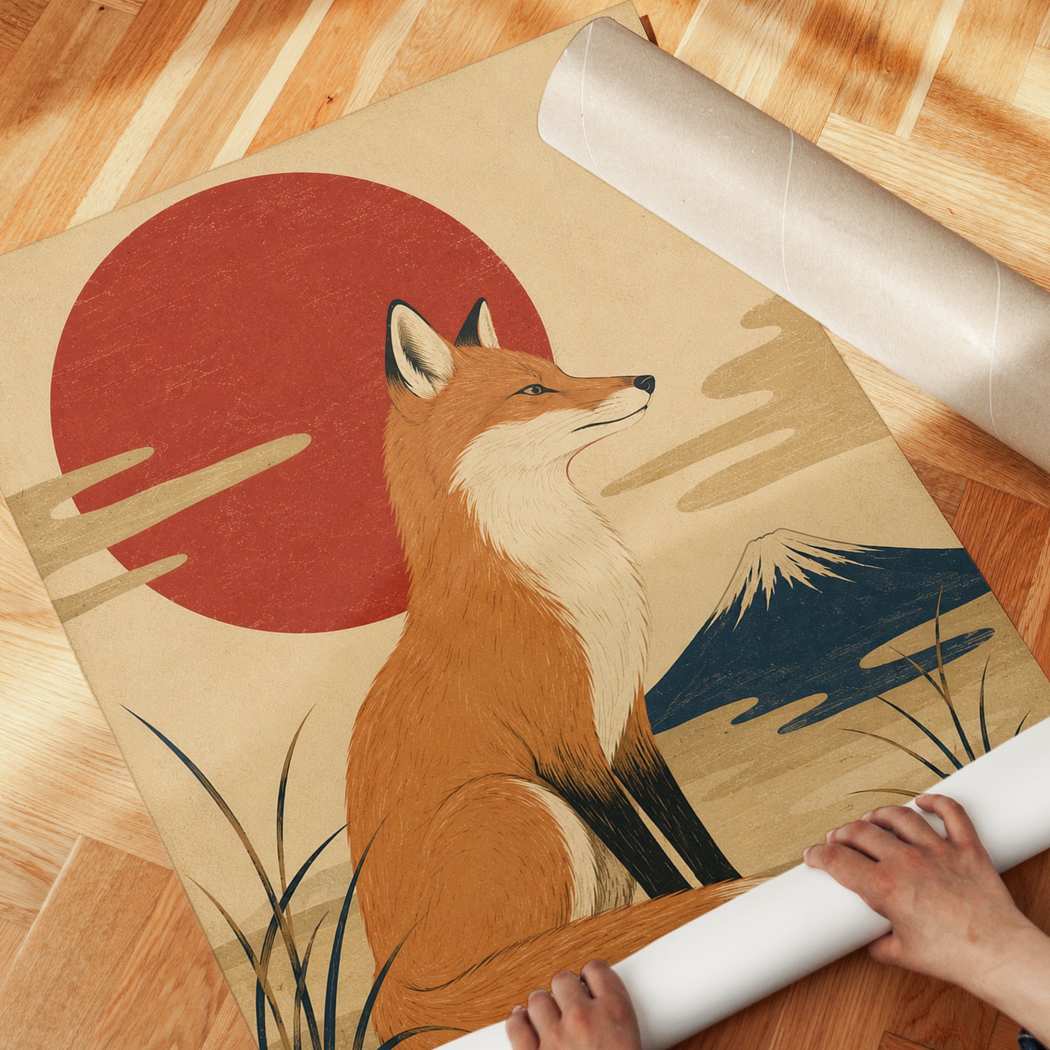 Japanese Fox Art Print: Vintage Kitsune with Mount Fuji - detail