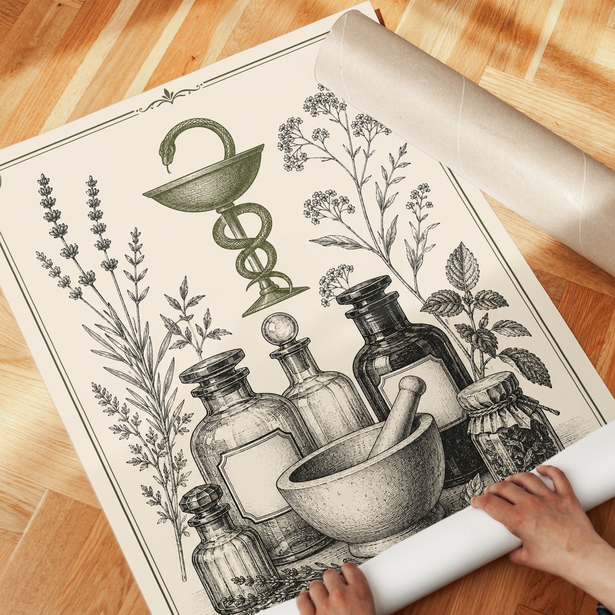 Apothecary Caduceus Print: Vintage Botanical Medicine Art - detail