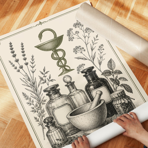 Apothecary Caduceus Print: Vintage Botanical Medicine Art - detail