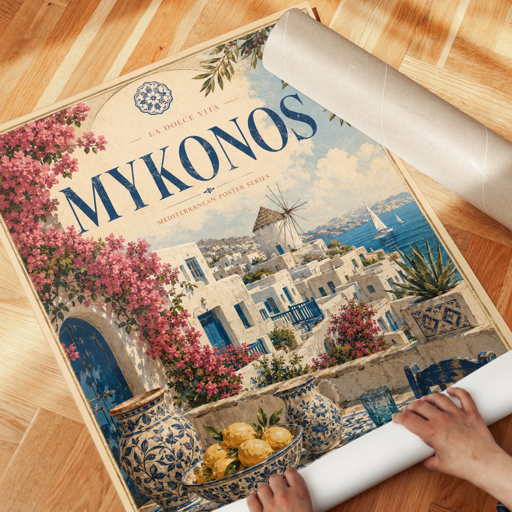Mykonos Greek Island Travel Poster: Mediterranean Coastal Art - detail