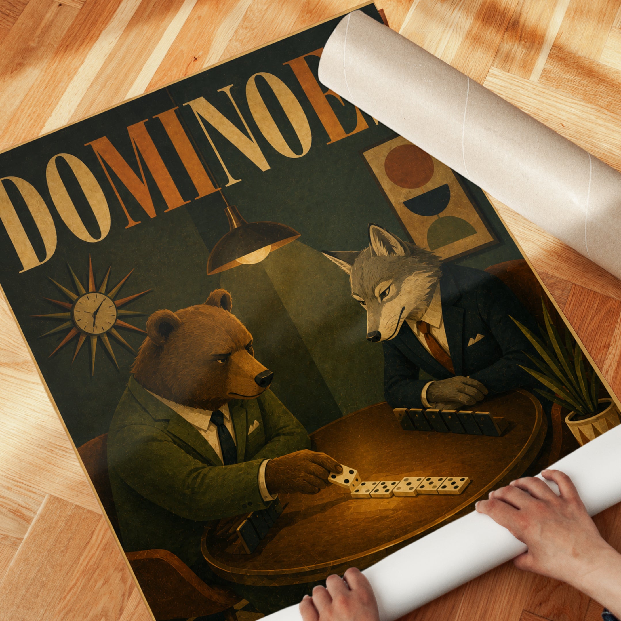 Dominoes Game Art Print: Retro Bear and Wolf Illustration - detail