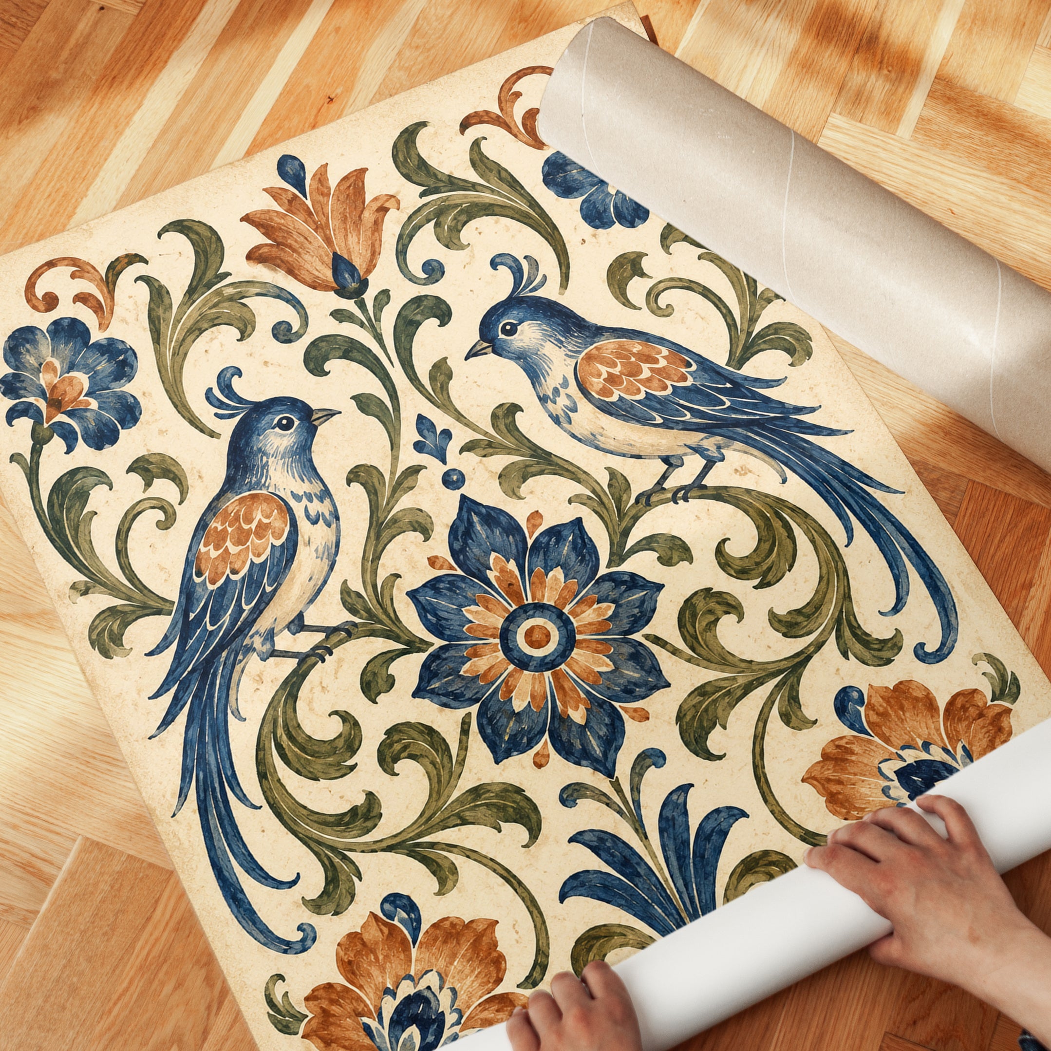 Folk Art Birds and Florals: Traditional Symmetrical Design Print - detail