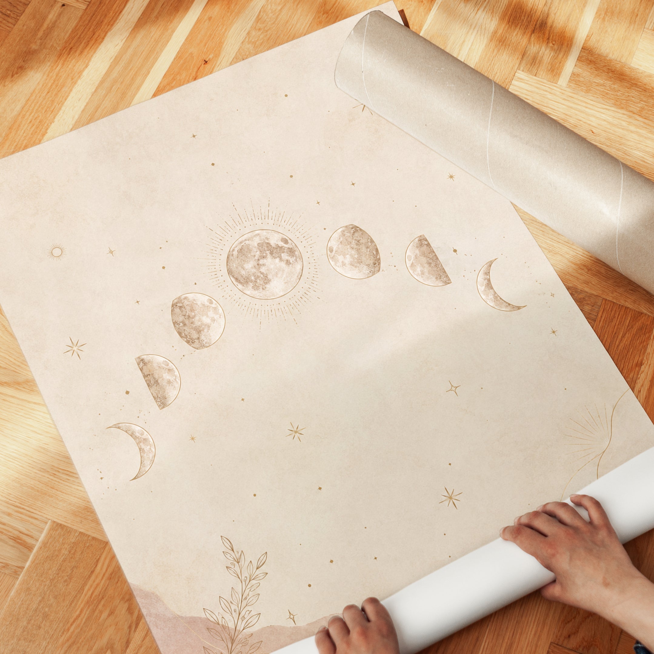 Moon Phases Wall Art: Celestial Beige and Gold Minimalist Print - detail