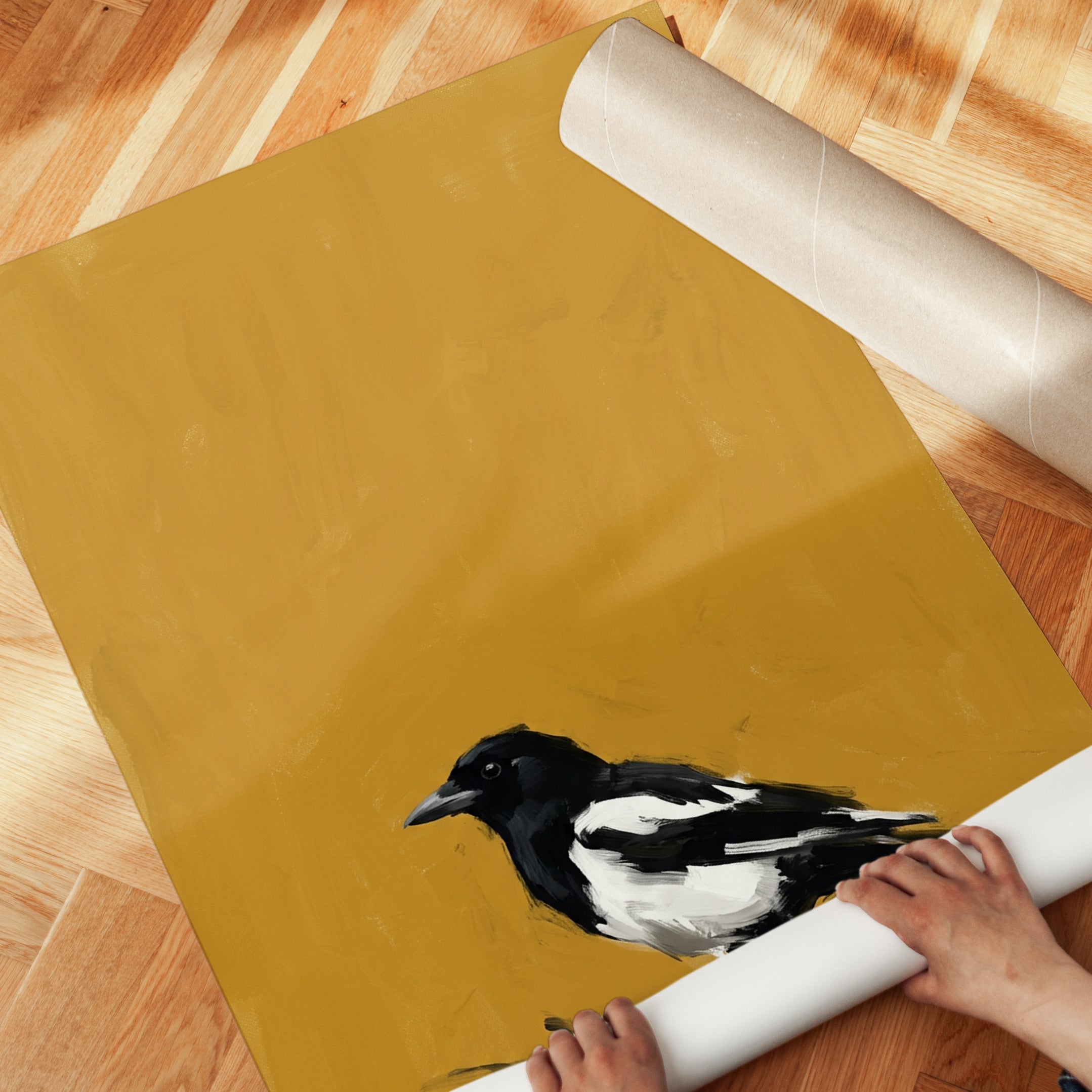 Magpie Bird Art Print – Black White Mustard Yellow Modern Farmhouse - detail