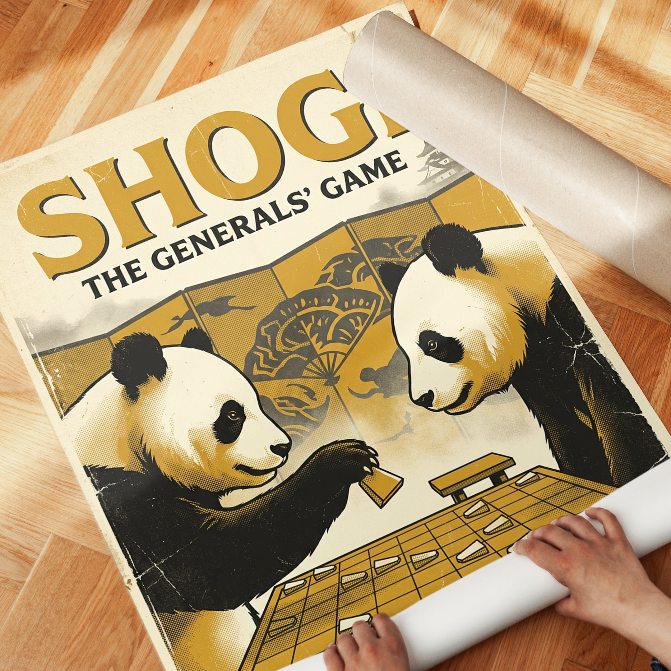 Shogi Pandas Art Print: Vintage Japanese Board Game Poster - detail