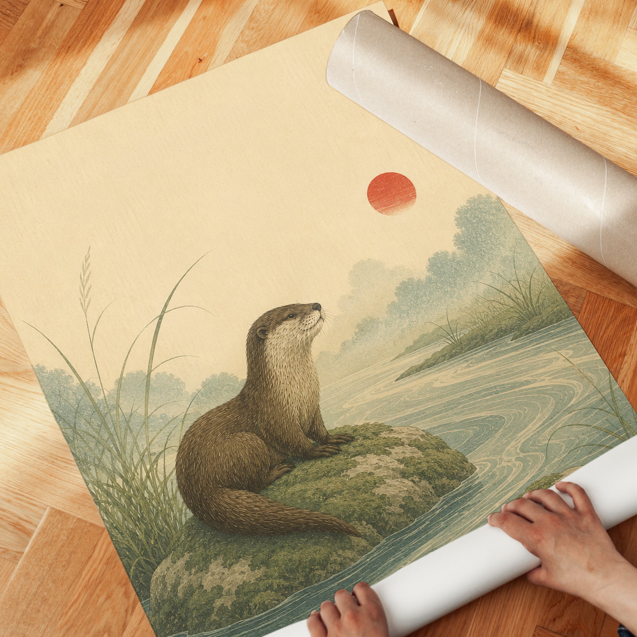 Otter Wall Art – Japanese River Landscape - detail