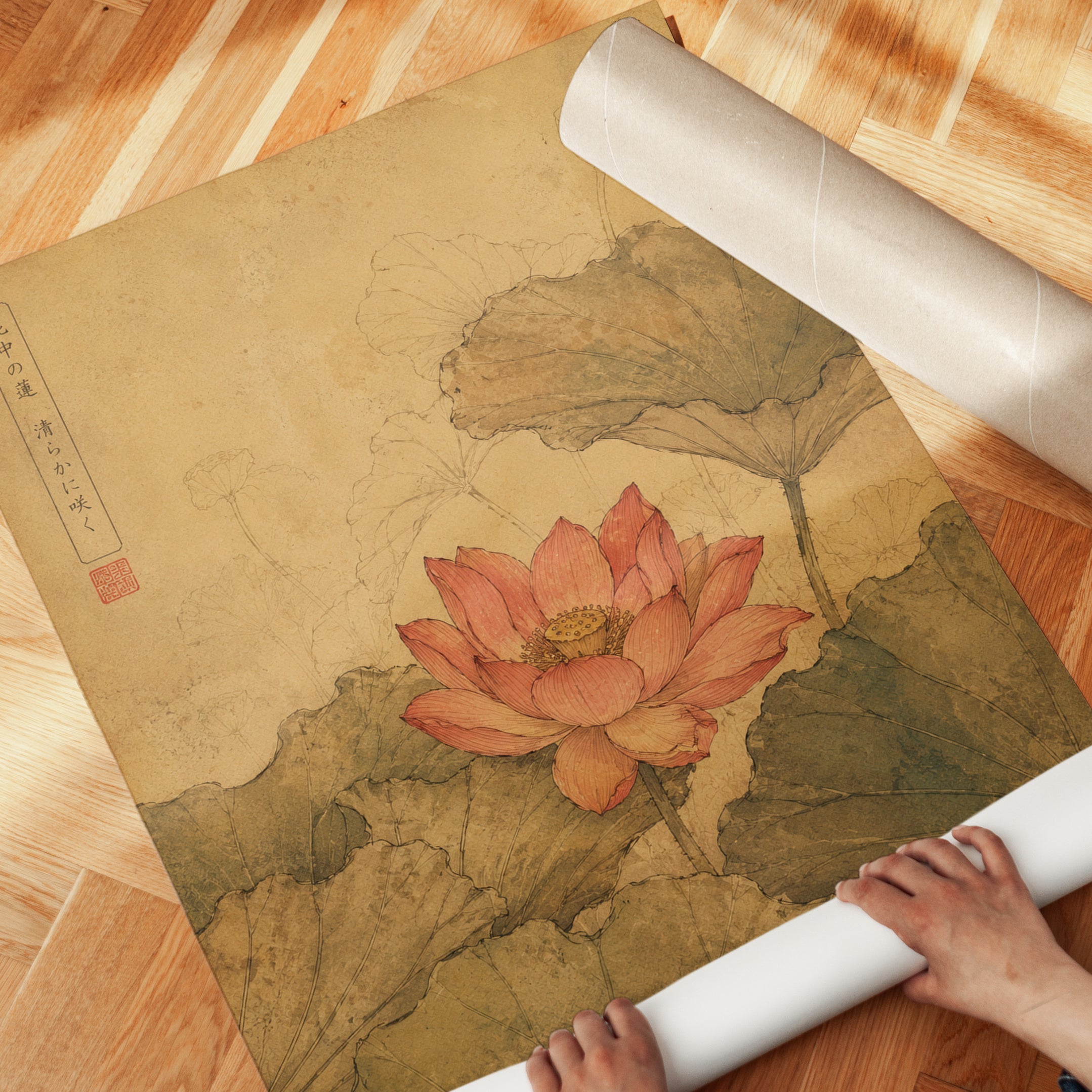 Lotus Flower Vintage Print — Traditional Asian Botanical Art - detail