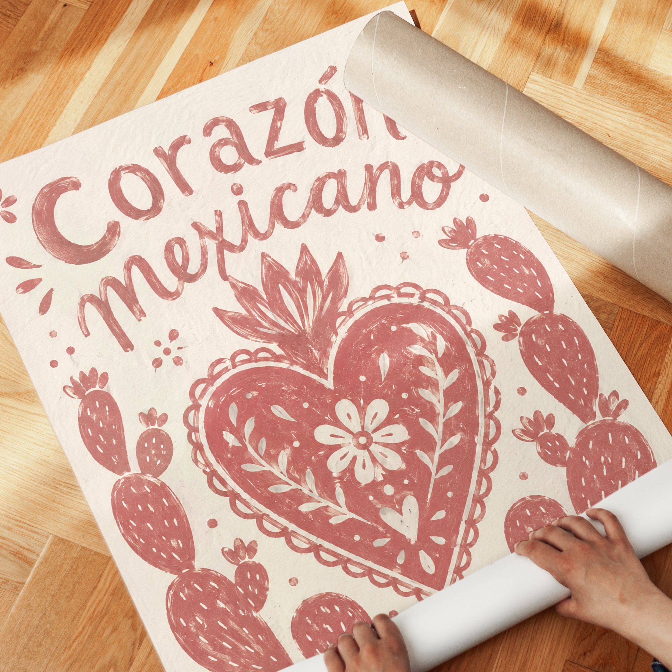 Corazon Mexicano Folk Art Print: Red Heart and Cactus Design - detail