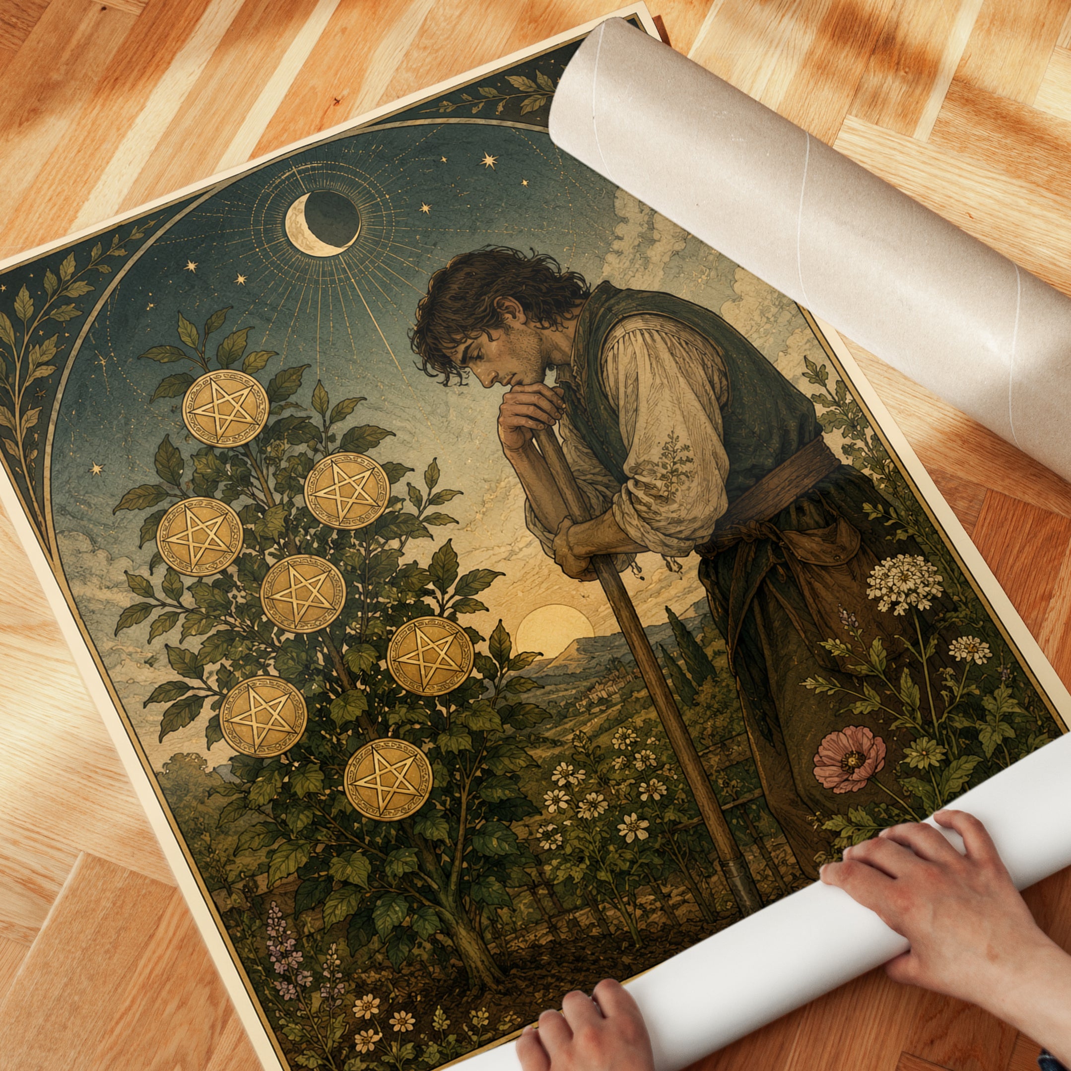 Tarot Card Wall Art – Seven of Pentacles Print - detail