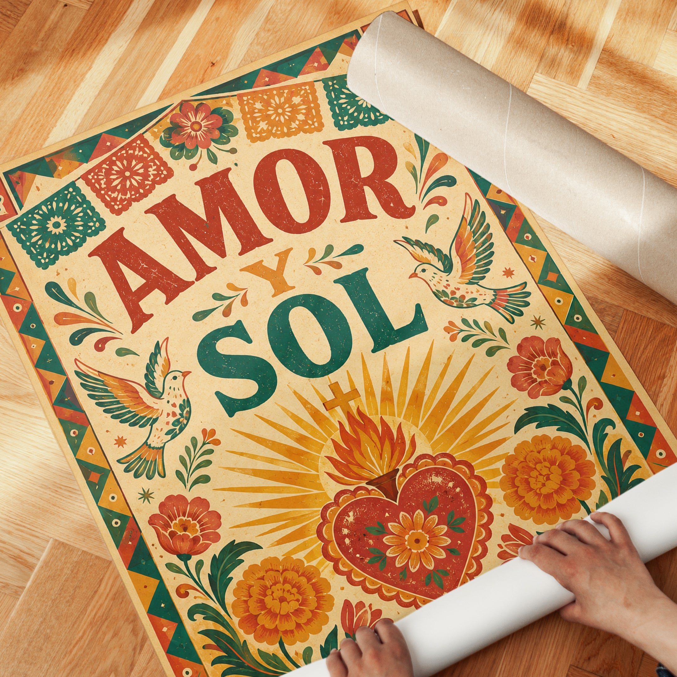 Amor y Sol Folk Art Print: Colorful Floral Heart - detail