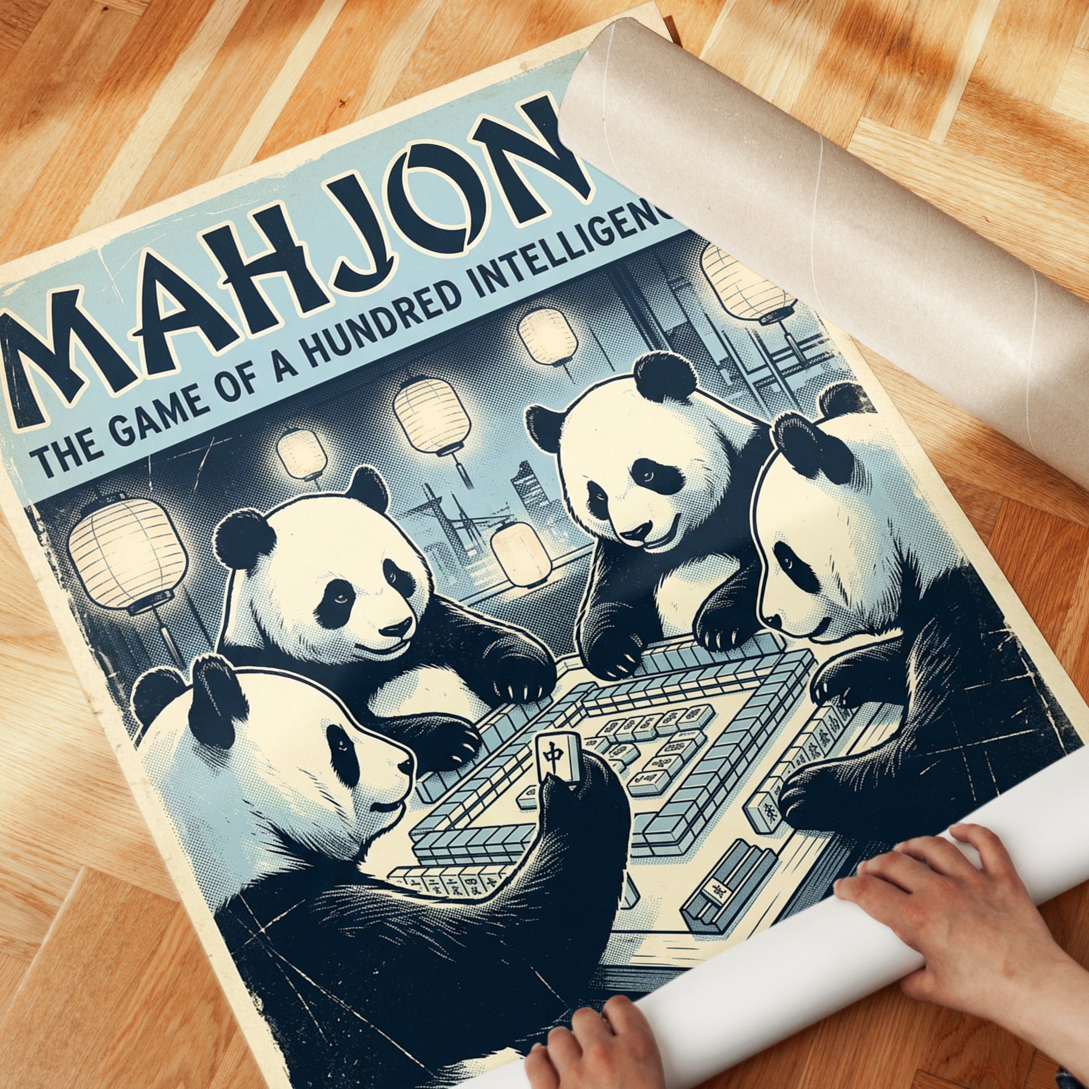 Mahjong Pandas Art Print: Vintage Asian Game Poster Design - detail