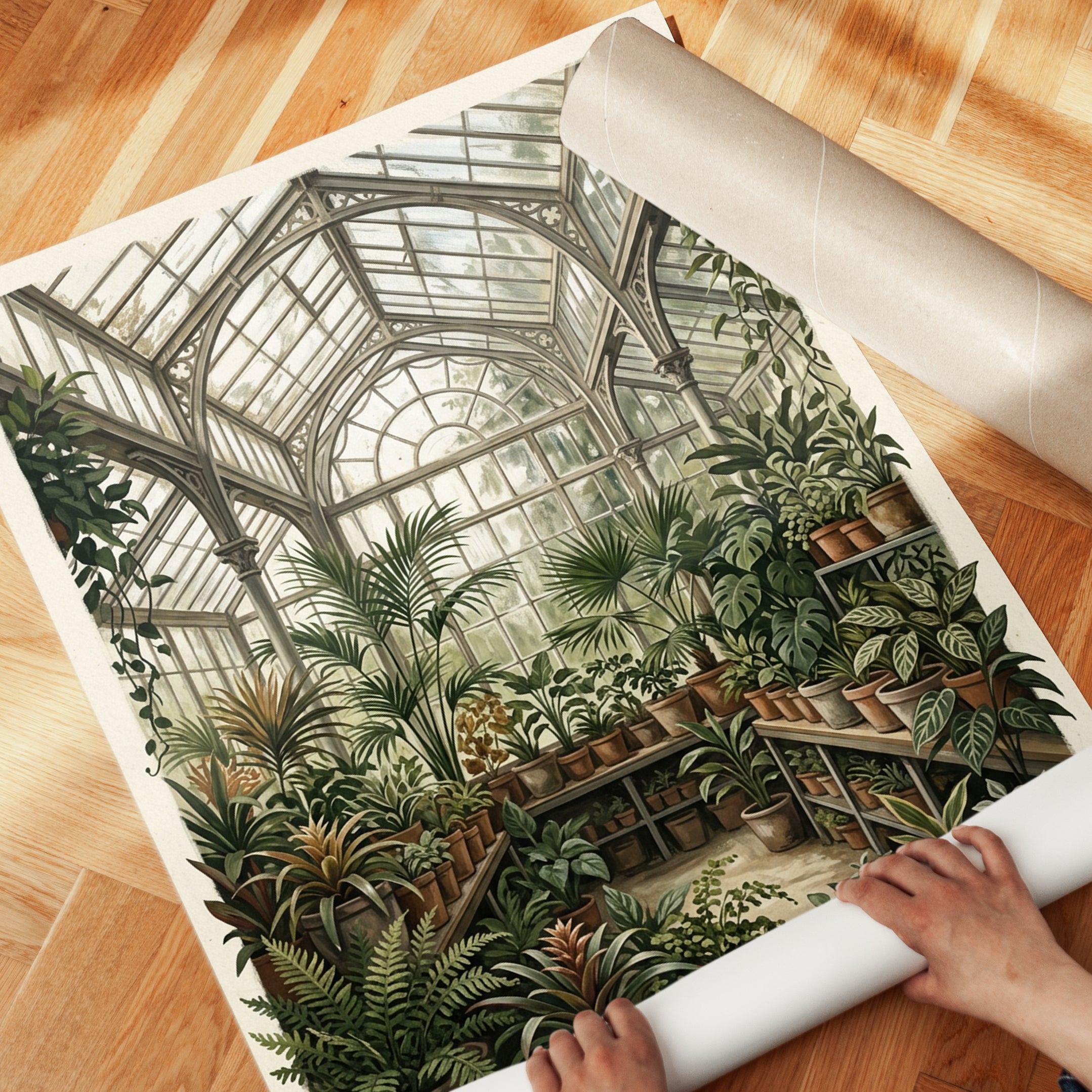 Victorian Greenhouse with Tropical Plants: Botanical Art Print - detail