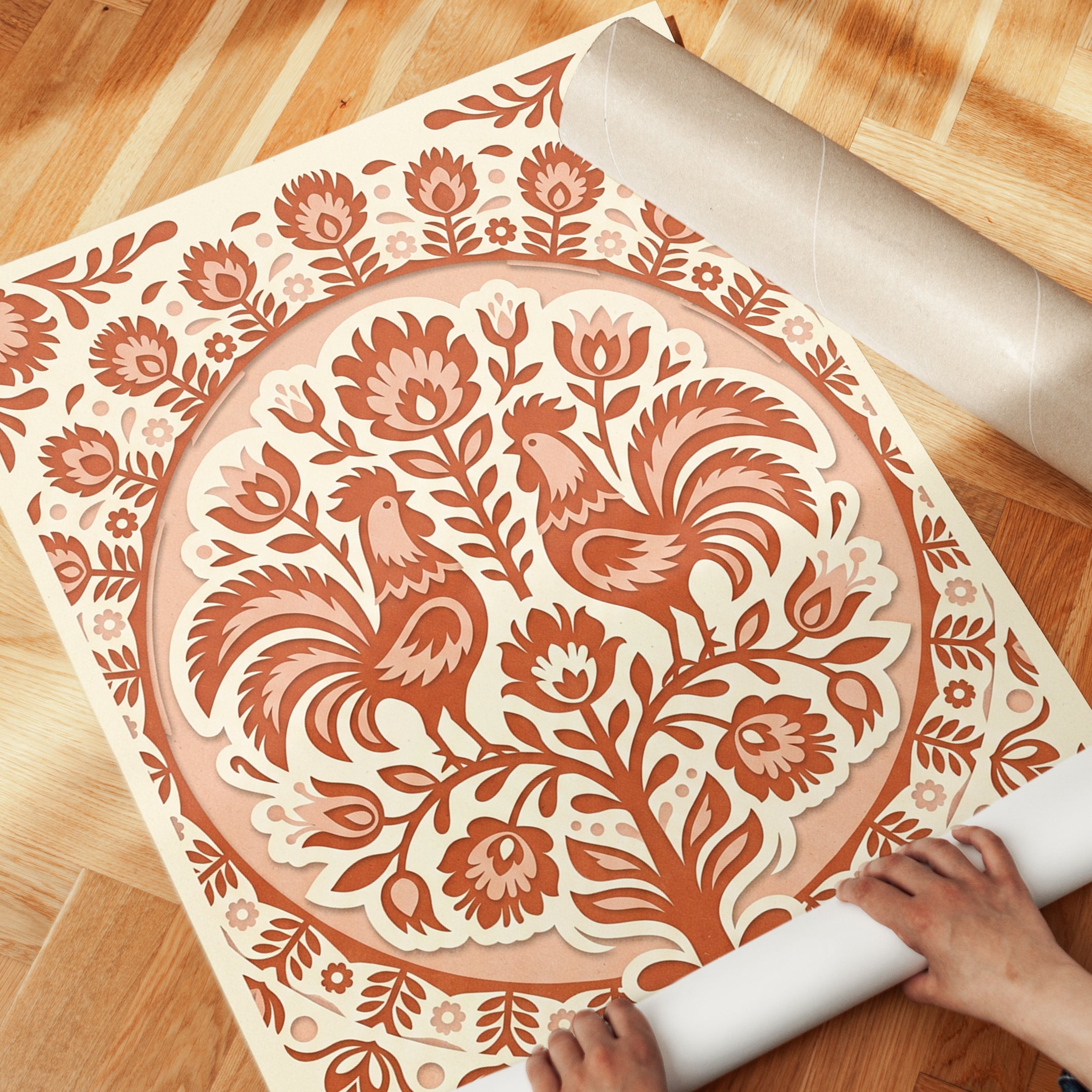 Folk Art Rooster Print: Symmetrical Terracotta Floral Design - detail