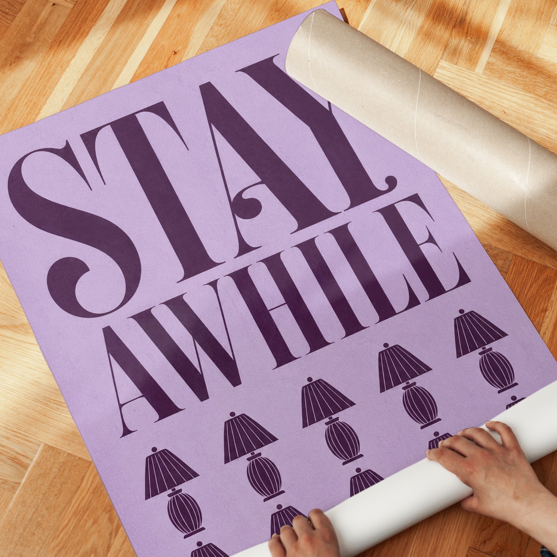 Stay Awhile Print: Retro Typography with Vintage Lamps - detail