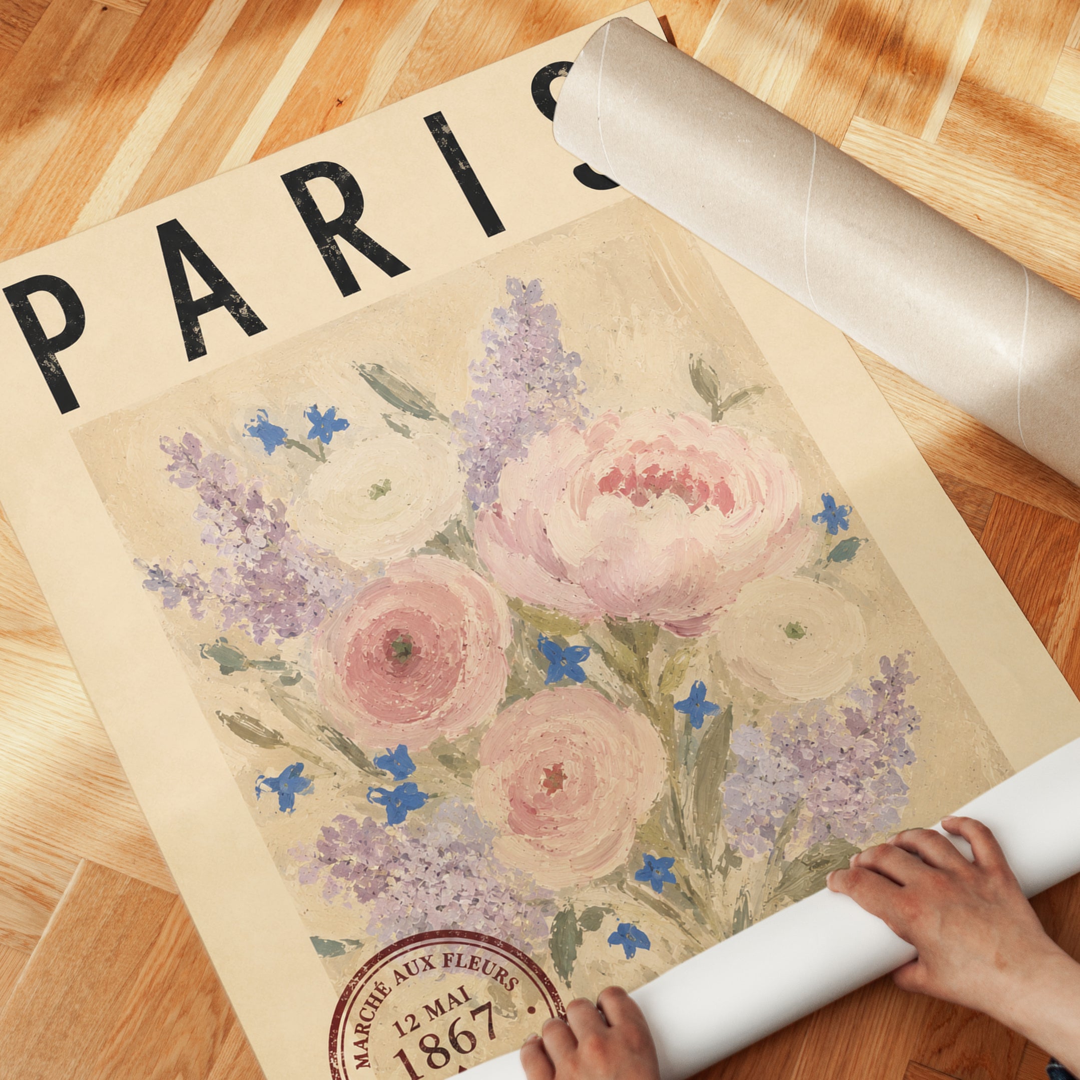 Paris Travel Poster – Vintage Floral Market Print - detail