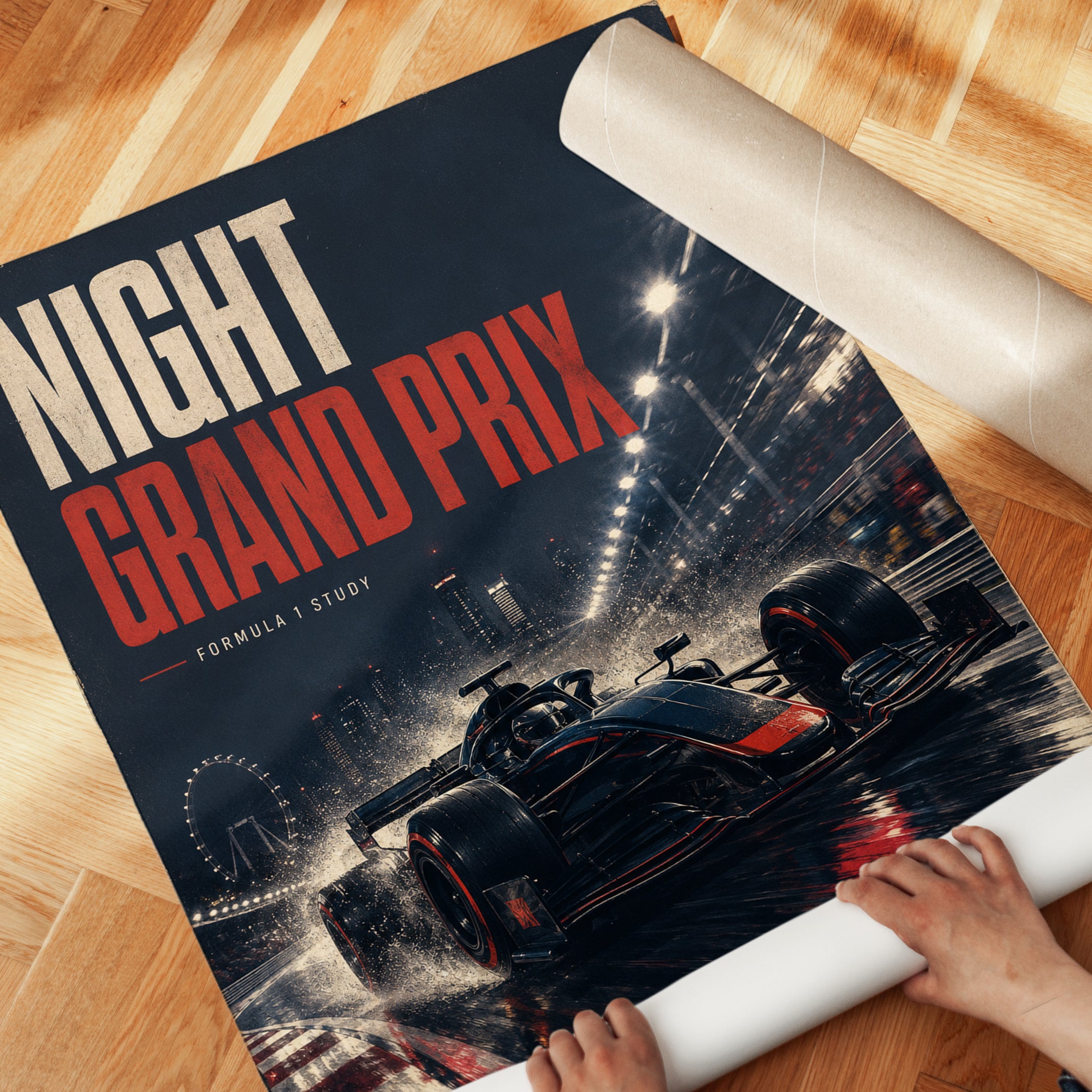 Night Grand Prix Art Print: Formula 1 Racing Through City Streets - detail