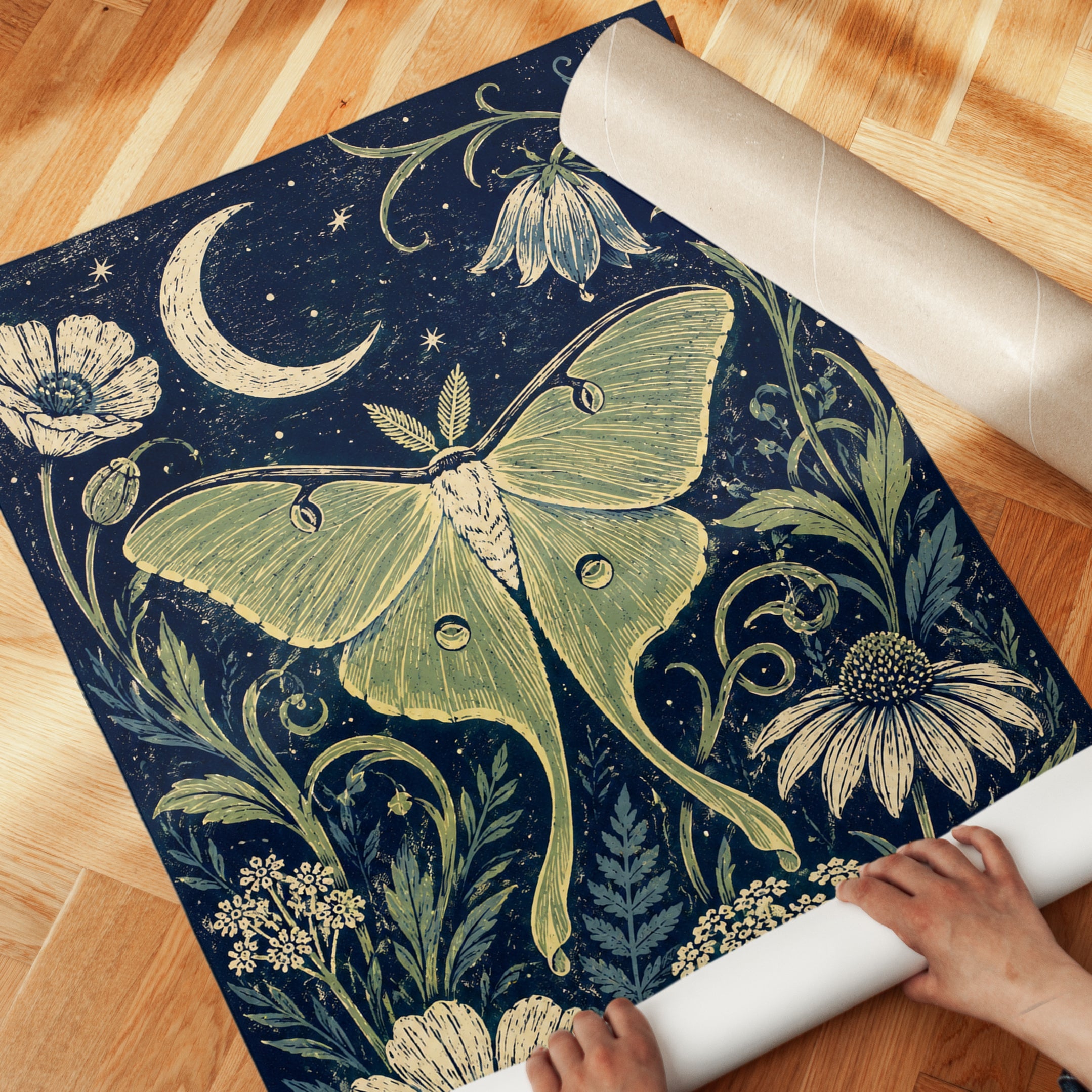 Luna Moth Botanical Print — Art Nouveau Night Garden - detail